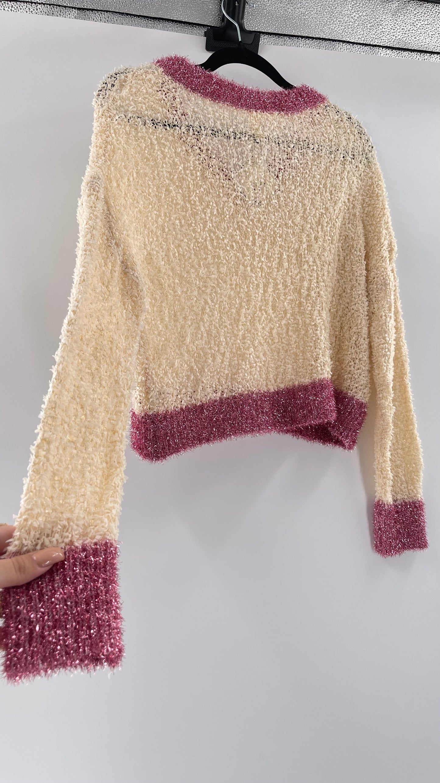 Anthropologie RAGA Cream and Fuchsia Tinsel Varsity Sweater (Large)