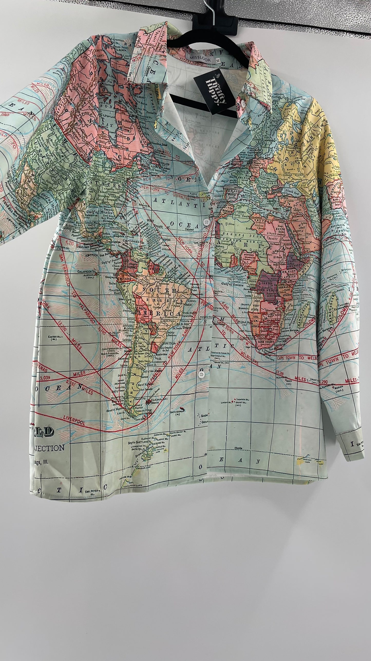 MISSLOOK Globe Map Long Sleeve Graphic Button Up (Medium)