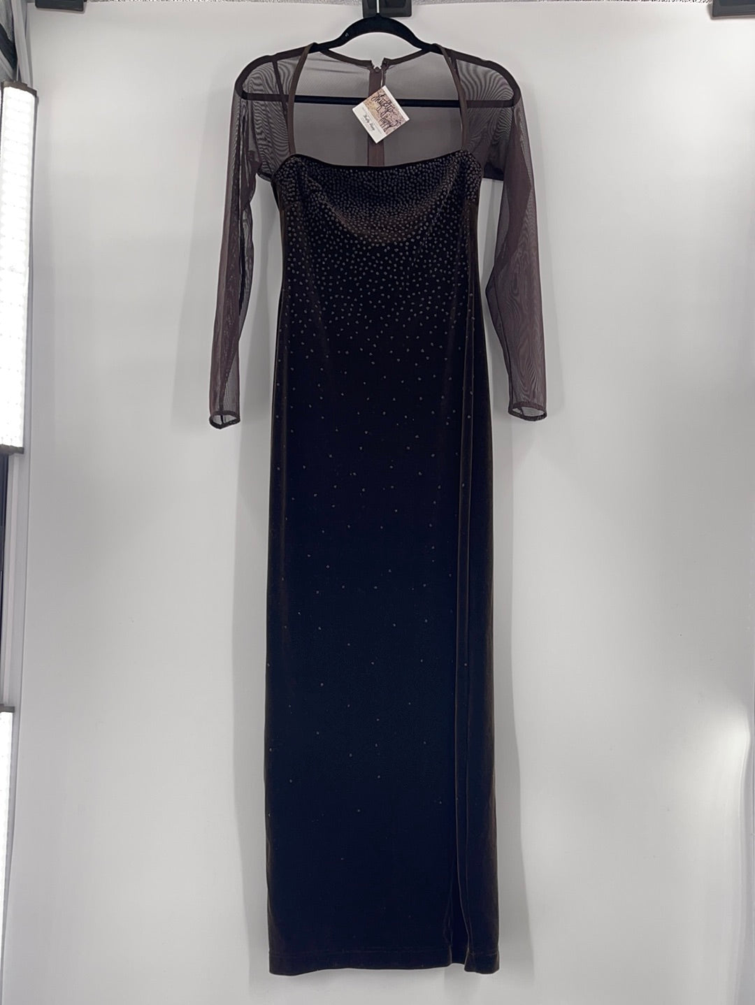 Tadashi Maxi Brown Velvet Long Sleeve Dress With Beaded Embellishments and Back Slit (item has no size tag, appears to be Size S, stretchy fabric)