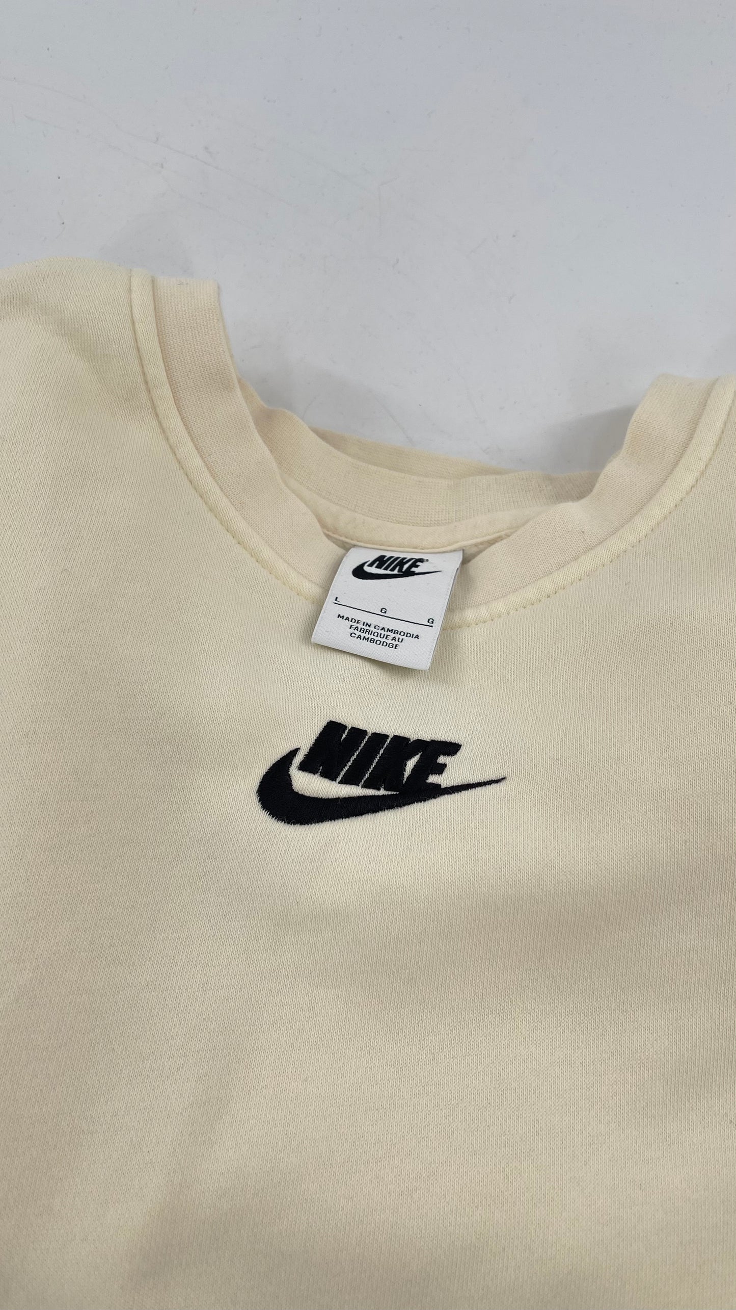 Cream Nike Crewneck with Minimalist Black Chest Logo (Large)