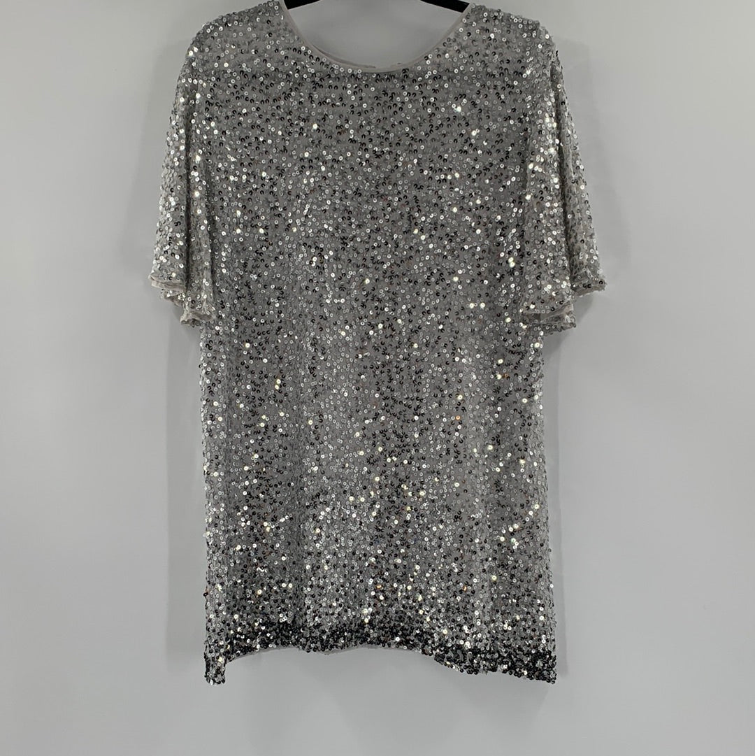 Free People Jens Pirate Booty Short Sleeve Silver Sequin Mini Dress with Dark Silver Sequin Hem (Size M)