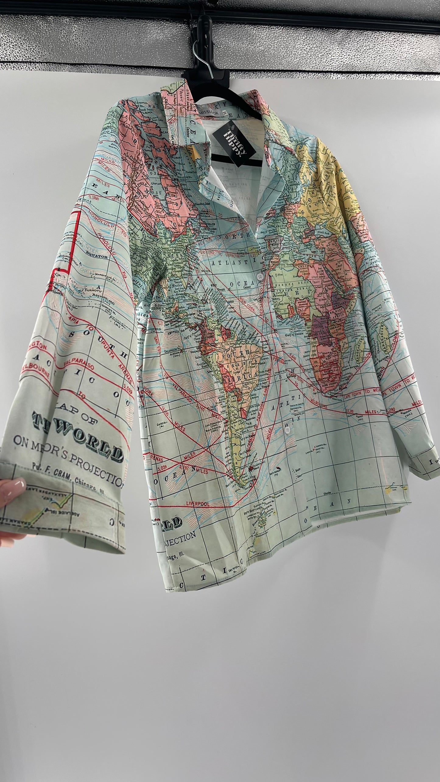 MISSLOOK Globe Map Long Sleeve Graphic Button Up (Medium)