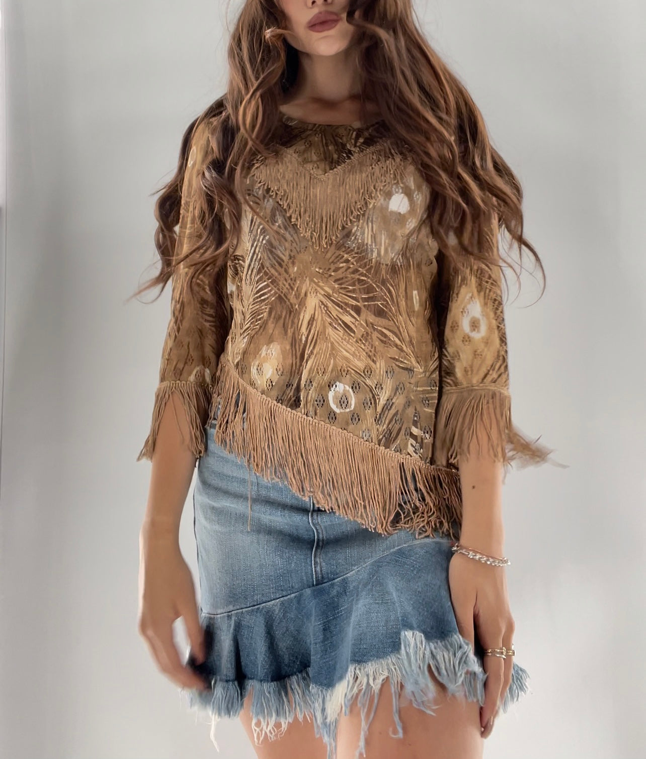 Vintage Tan Asymmetric Fringe Top (S)