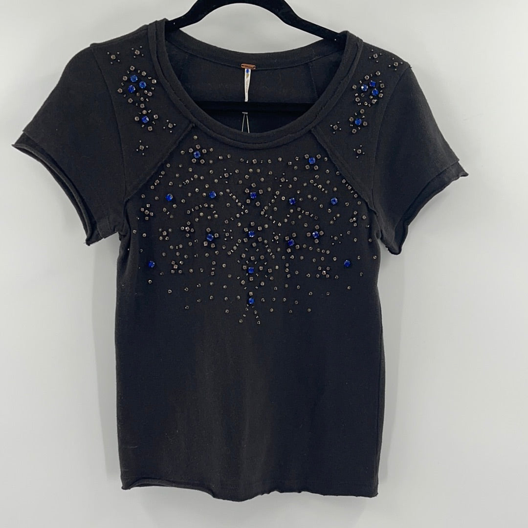Free People Black Short Sleeve T-Shirt With Sequin and Rhinestone Embellishments (Size S)