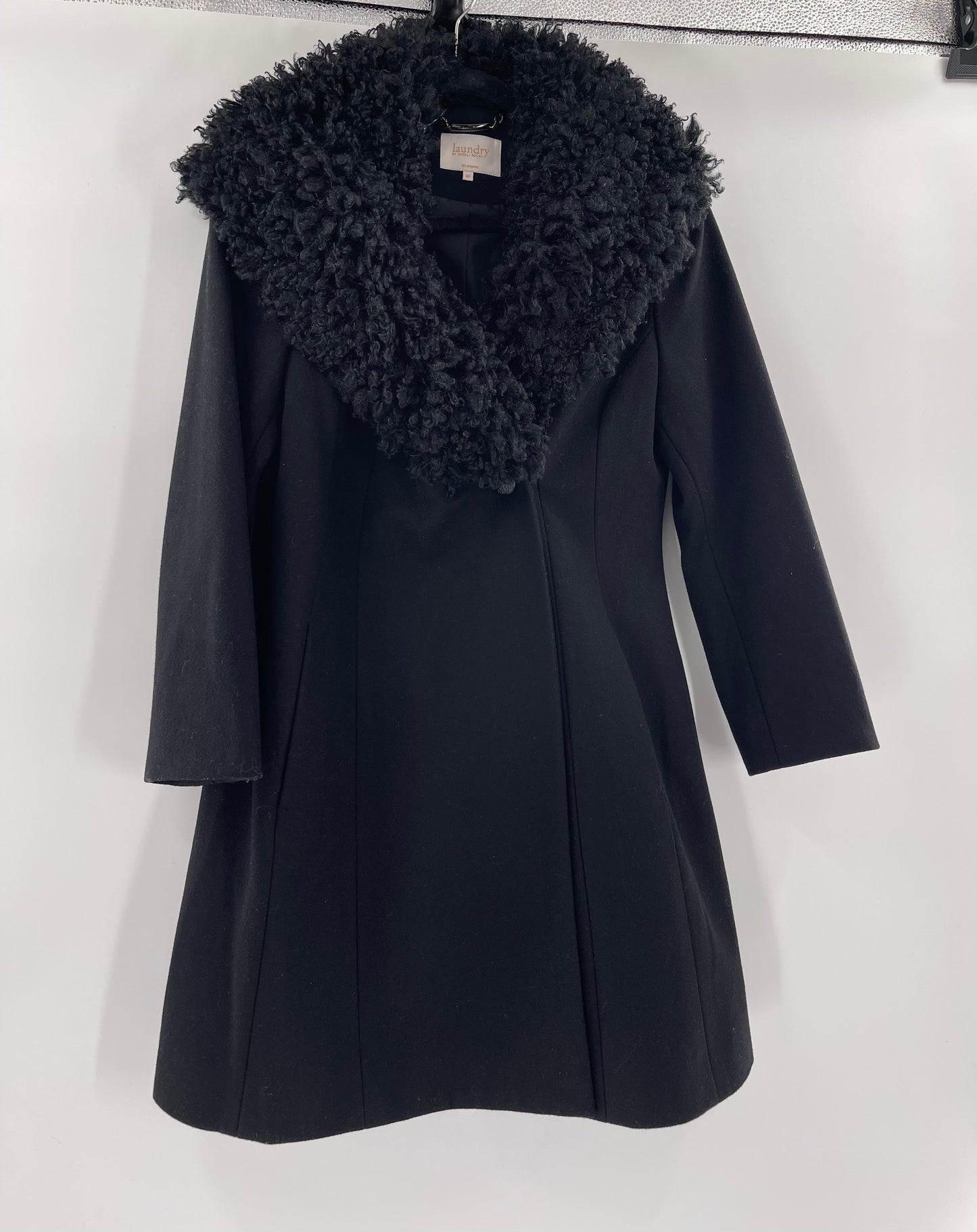 Laundry By Shelli Segal Black Wool Coat With Faux Fur Trimming (Size 8)