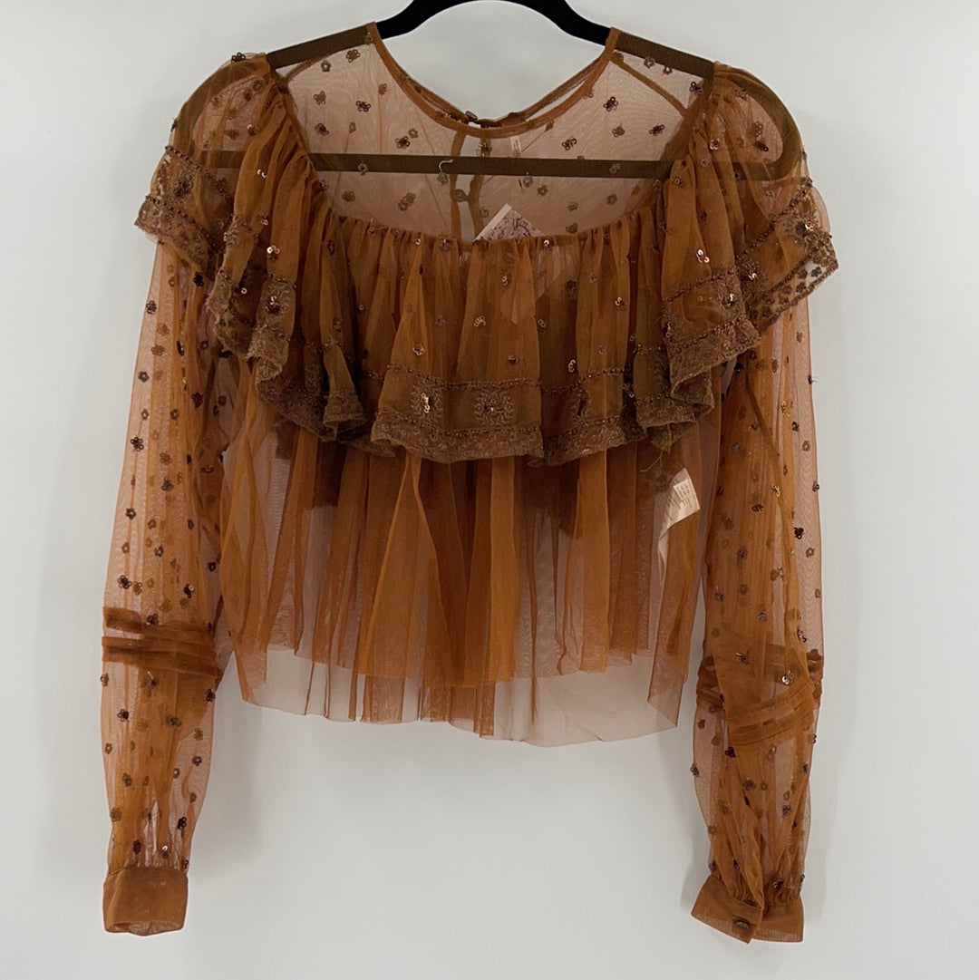 Free People Terracotta Embellished Mesh Top (XS)