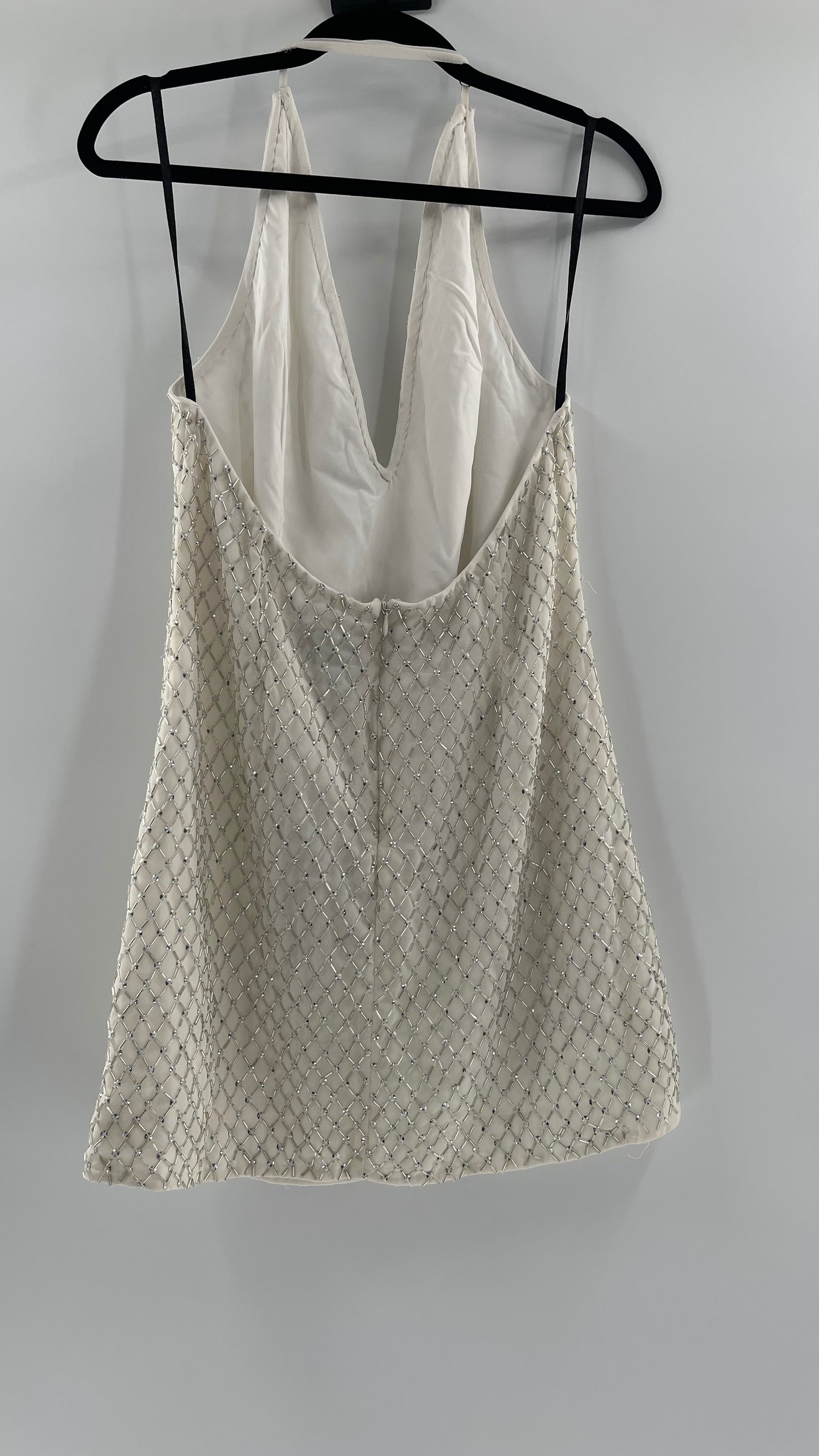 X by NBD White Jack Dress in Ivory Silver Beaded Halter Dress with Tags Attached (Large)