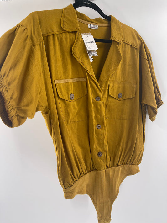 Intimately Free People Short Sleeve Mustard Yellow Bodysuit With Pockets and Wooden Buttons  (Size XS)
