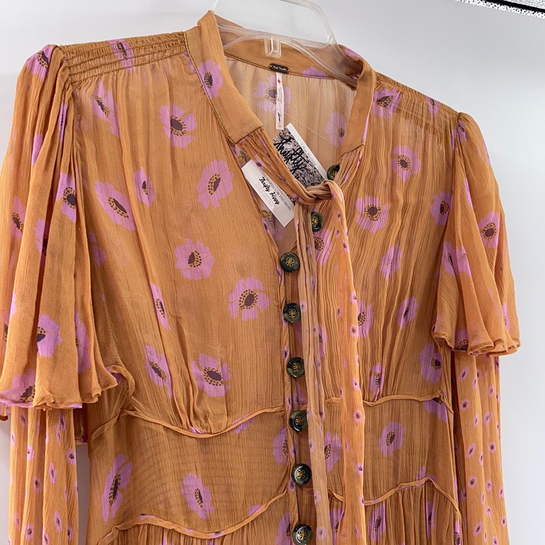 Free People Organza Mustard With Floral Long Sleeve Front Buttons Details Maxi Dress (Size M)