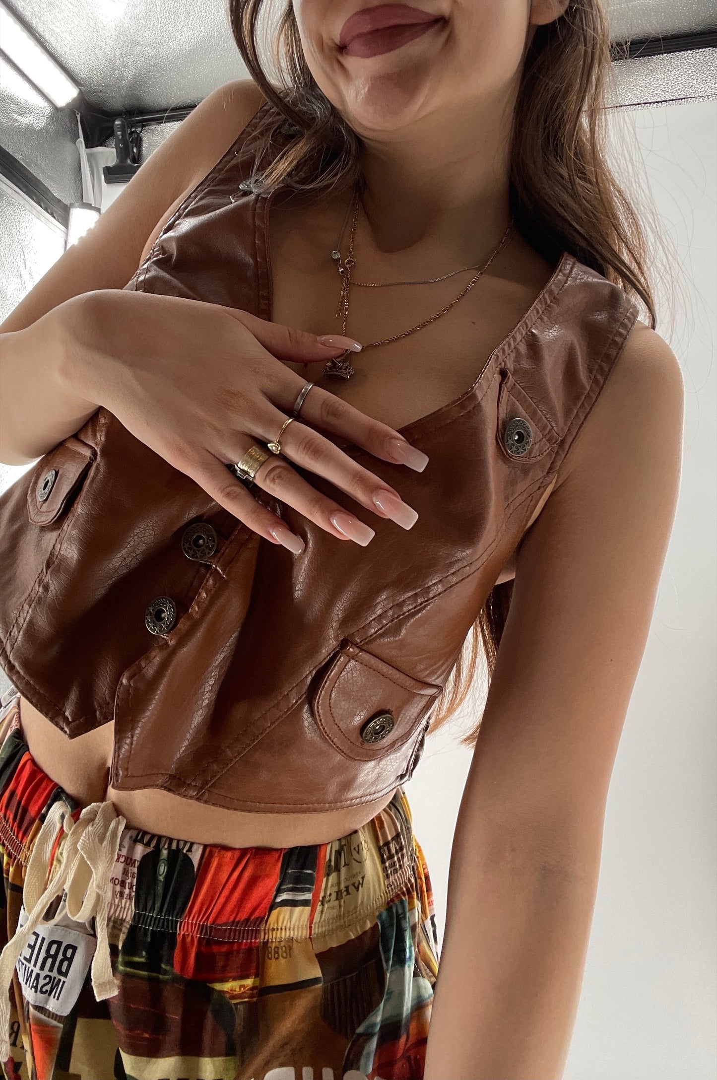 Vintage Papertee Brown Faux Leather Crop Vest (XL)