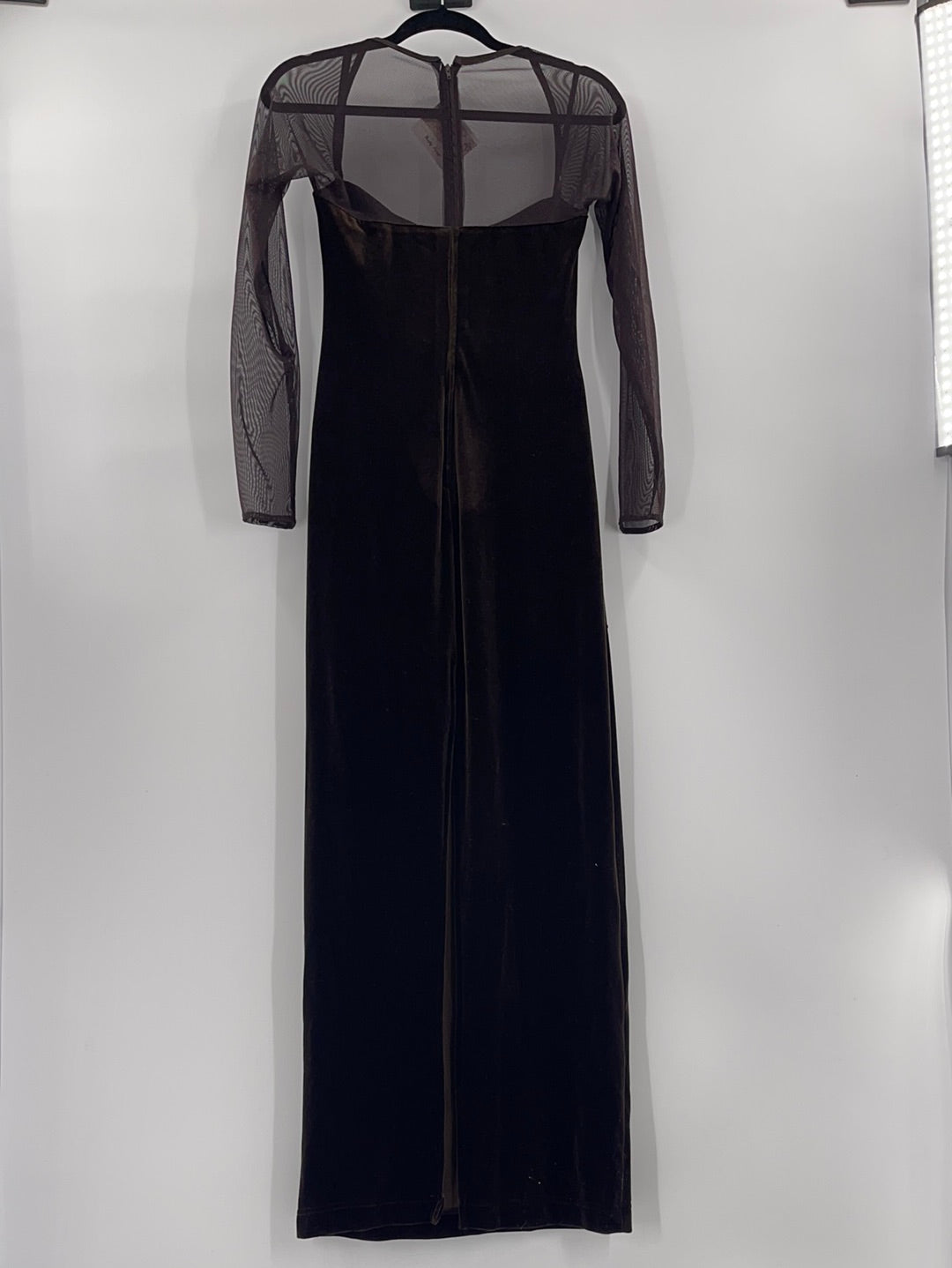 Tadashi Maxi Brown Velvet Long Sleeve Dress With Beaded Embellishments and Back Slit (item has no size tag, appears to be Size S, stretchy fabric)