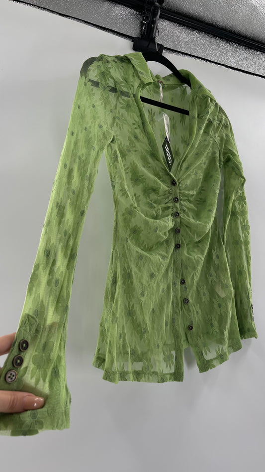 Free People Flower Fields Green Lace Collared Button Up (Small)