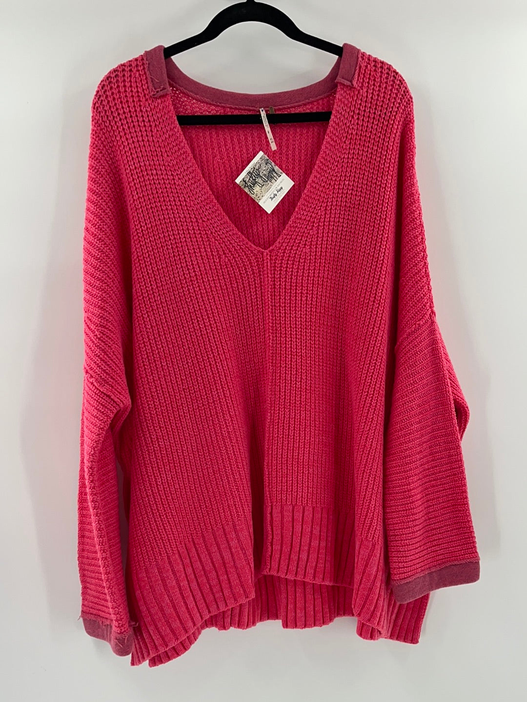 Free People Bright Pink Oversized Sweater V Neck ( Size Medium/Large)