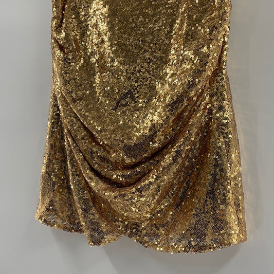 Free People Sparkly Gold Sequin Mini Skirt Ruched Side (Size Medium)