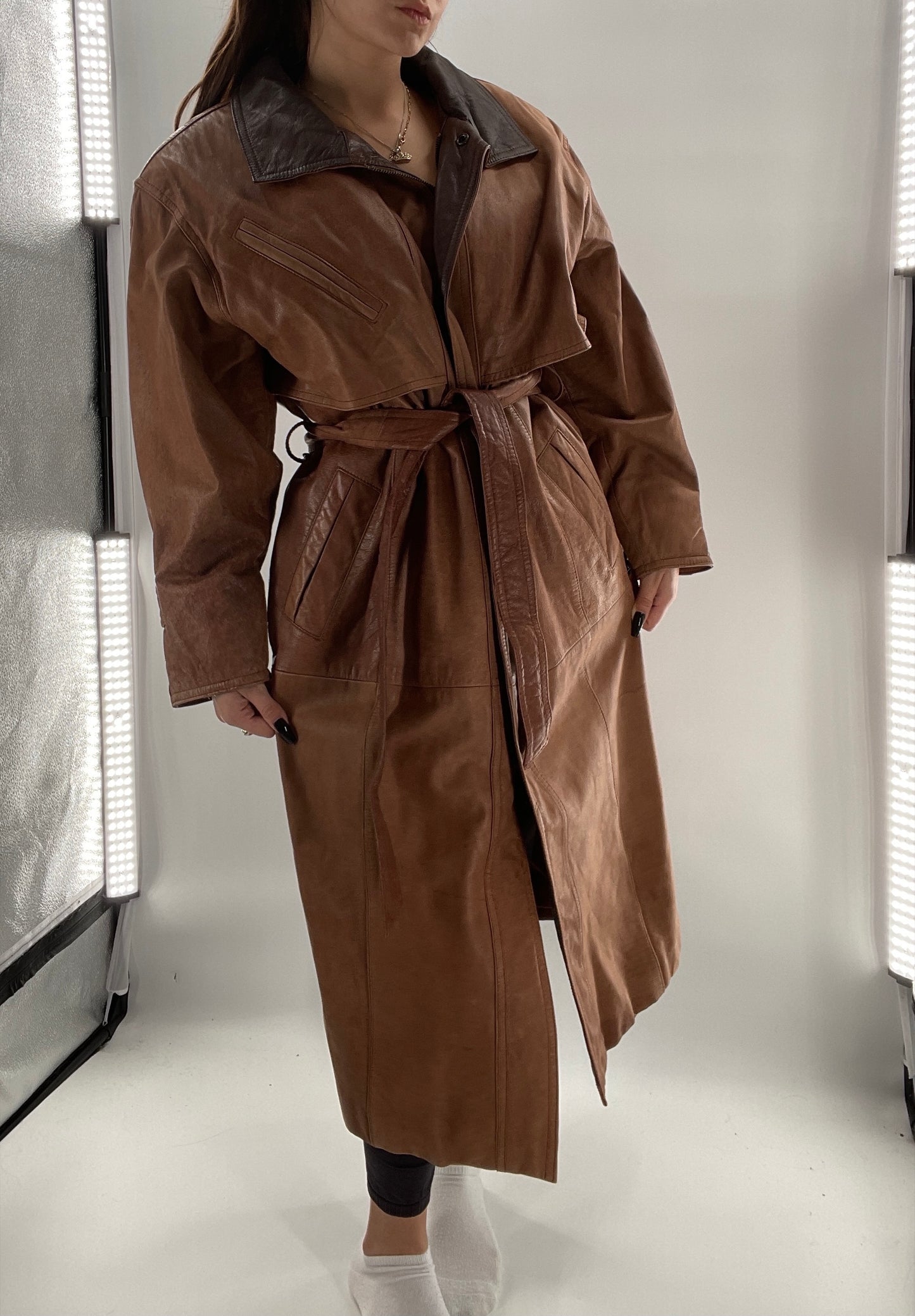 Adventure Bound By Wilsons Vintage Leather Trench Coat with Belt and Front Zipper and Removable Lining - Size M