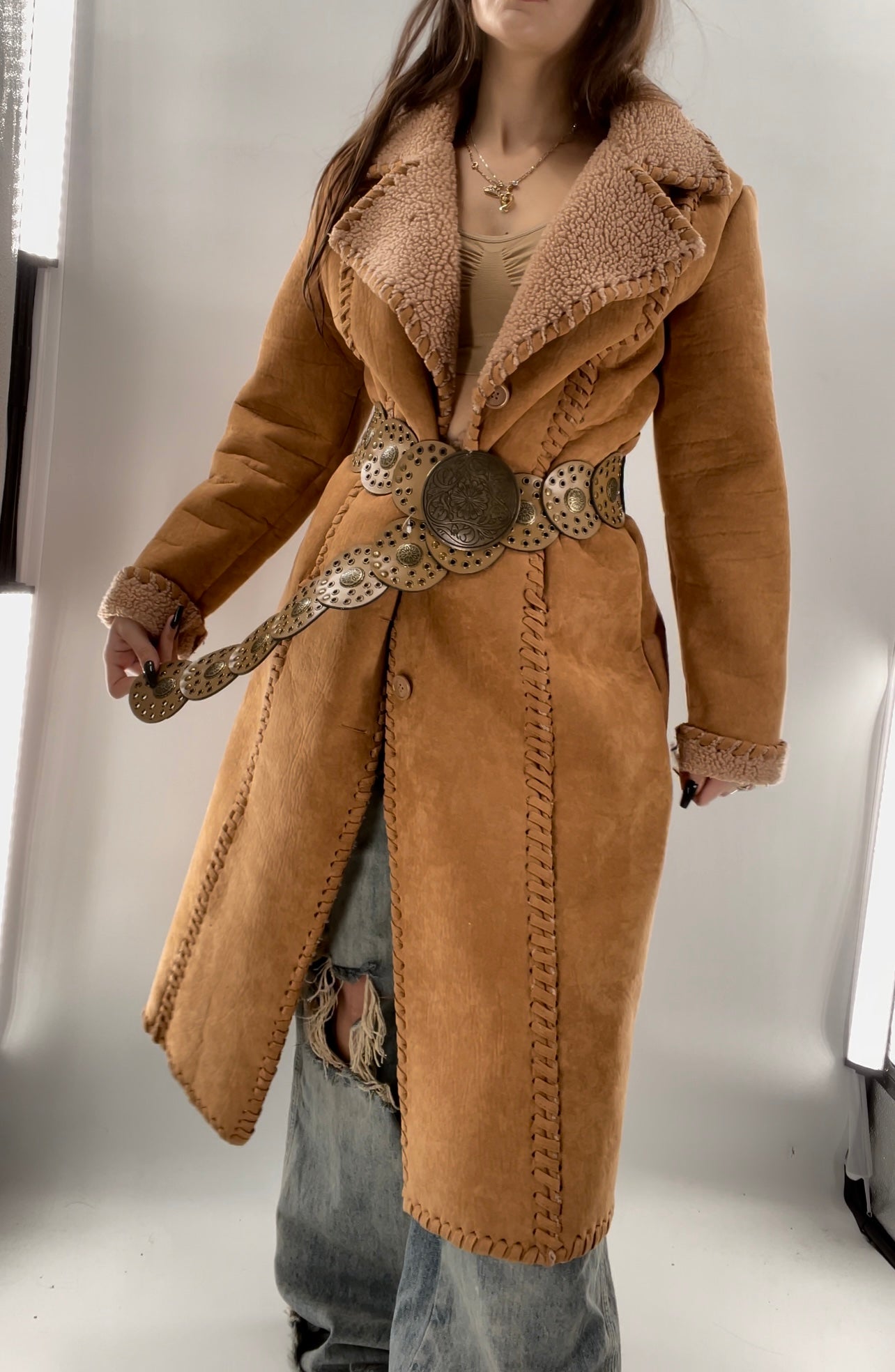 Vintage Lili Rose Light Brown Cognac Faux Suede Long Coat (Large)