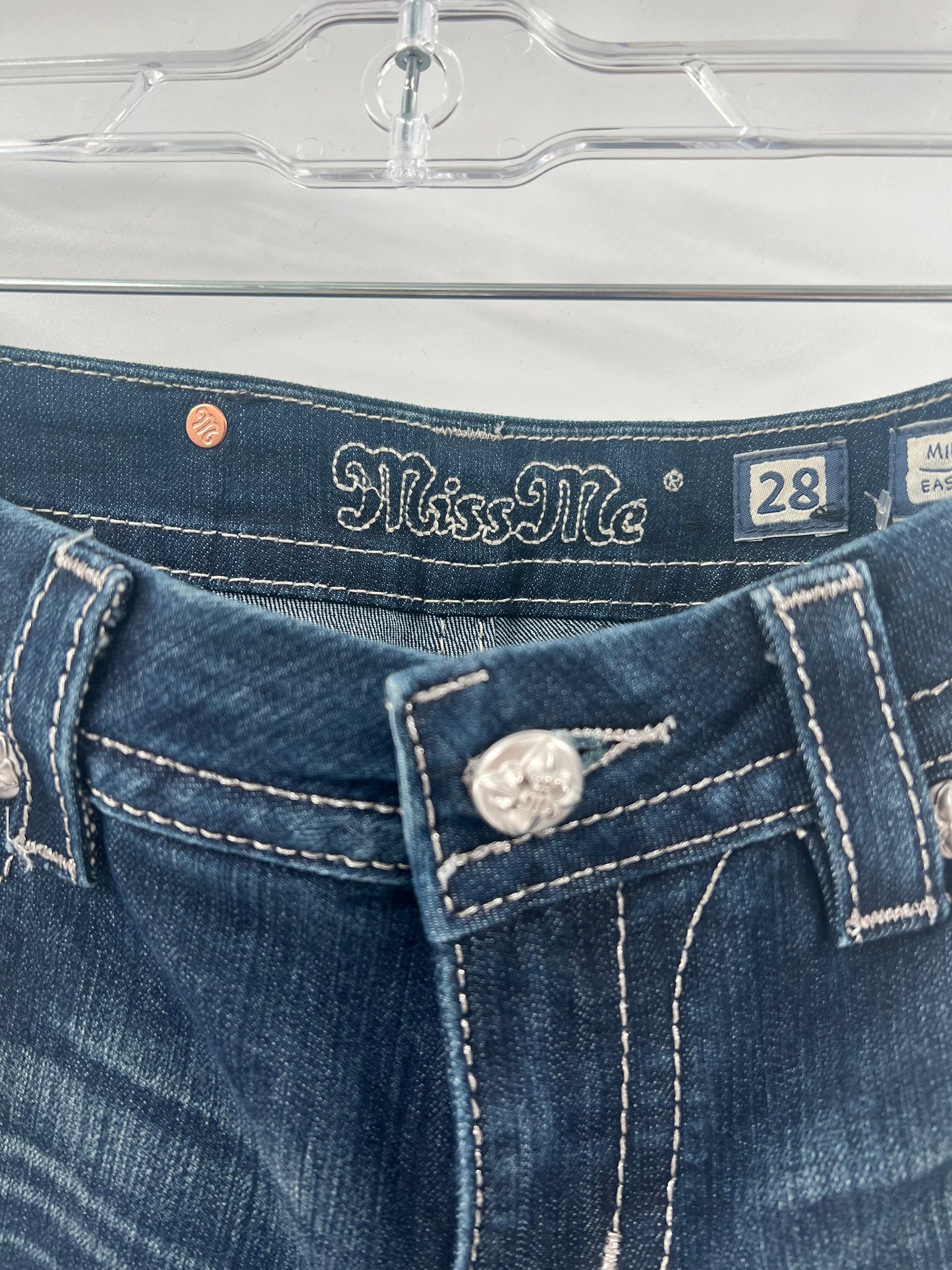 Miss Me Embroidered Rhinestone Gem Jeans With Unique Buttons and Stitching (Size 28)