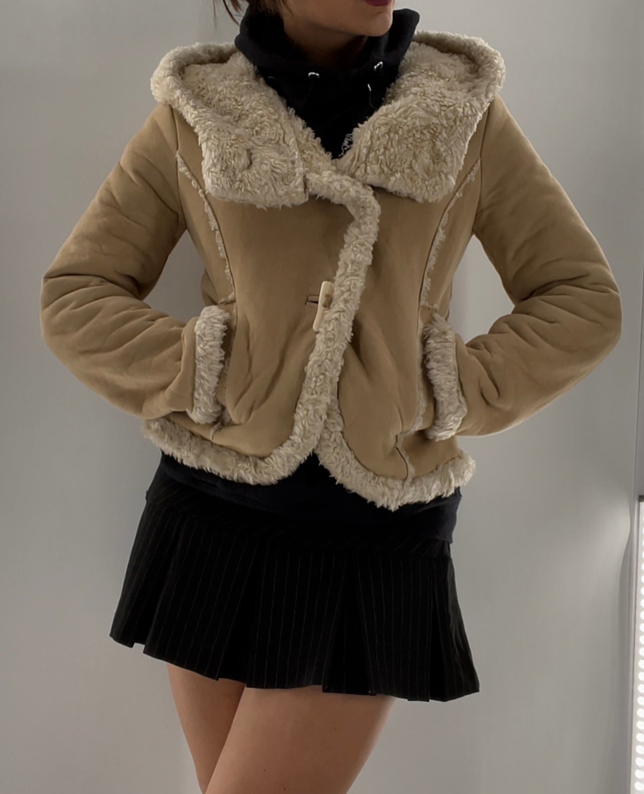 Faux Suede Faux Fur Trim Jacket