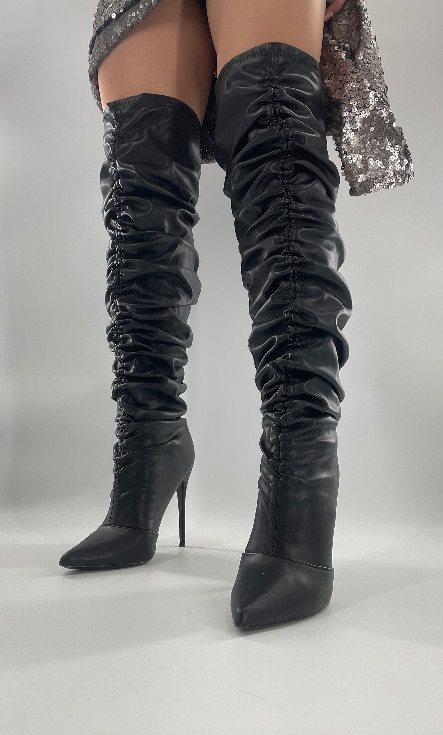 Unlabeled Black Vegan Leather Thigh High Scrunch Boots (8)