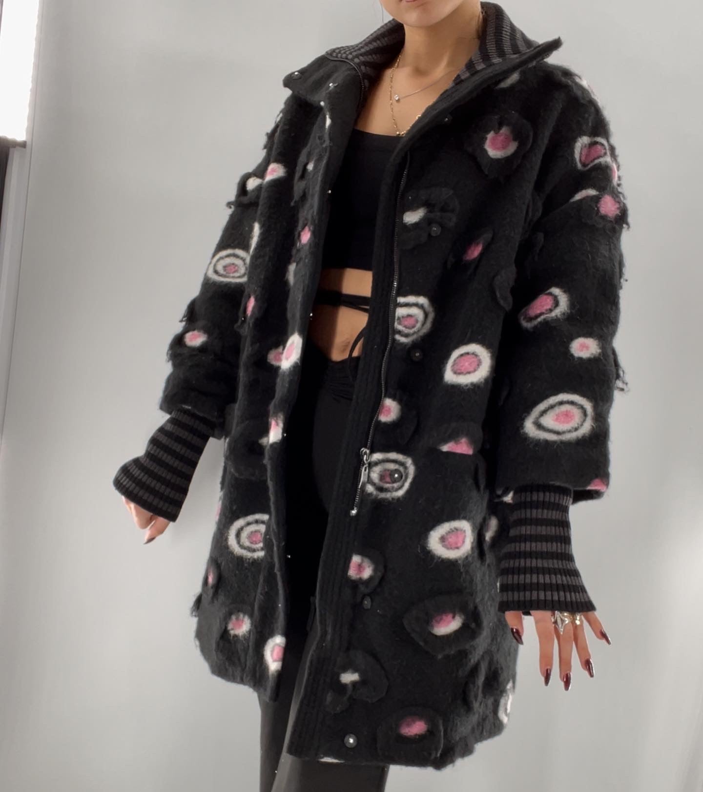 Rara Arvis Black + Pink Textured Circle Pattern Coat