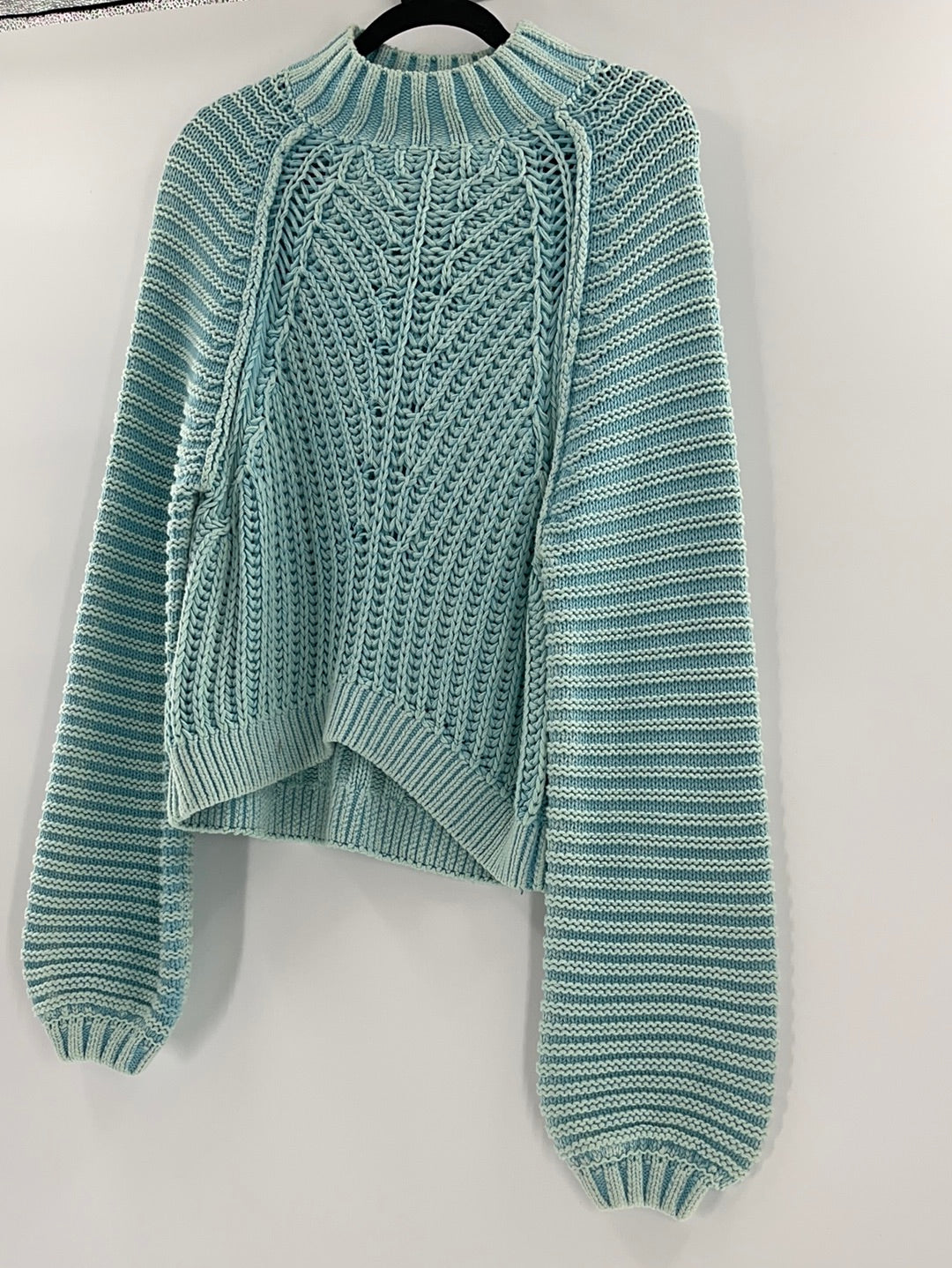 Free People Sweetheart Sweater Chunky Rib Knit Mock Neck Pullover Light Blue (Size Small)