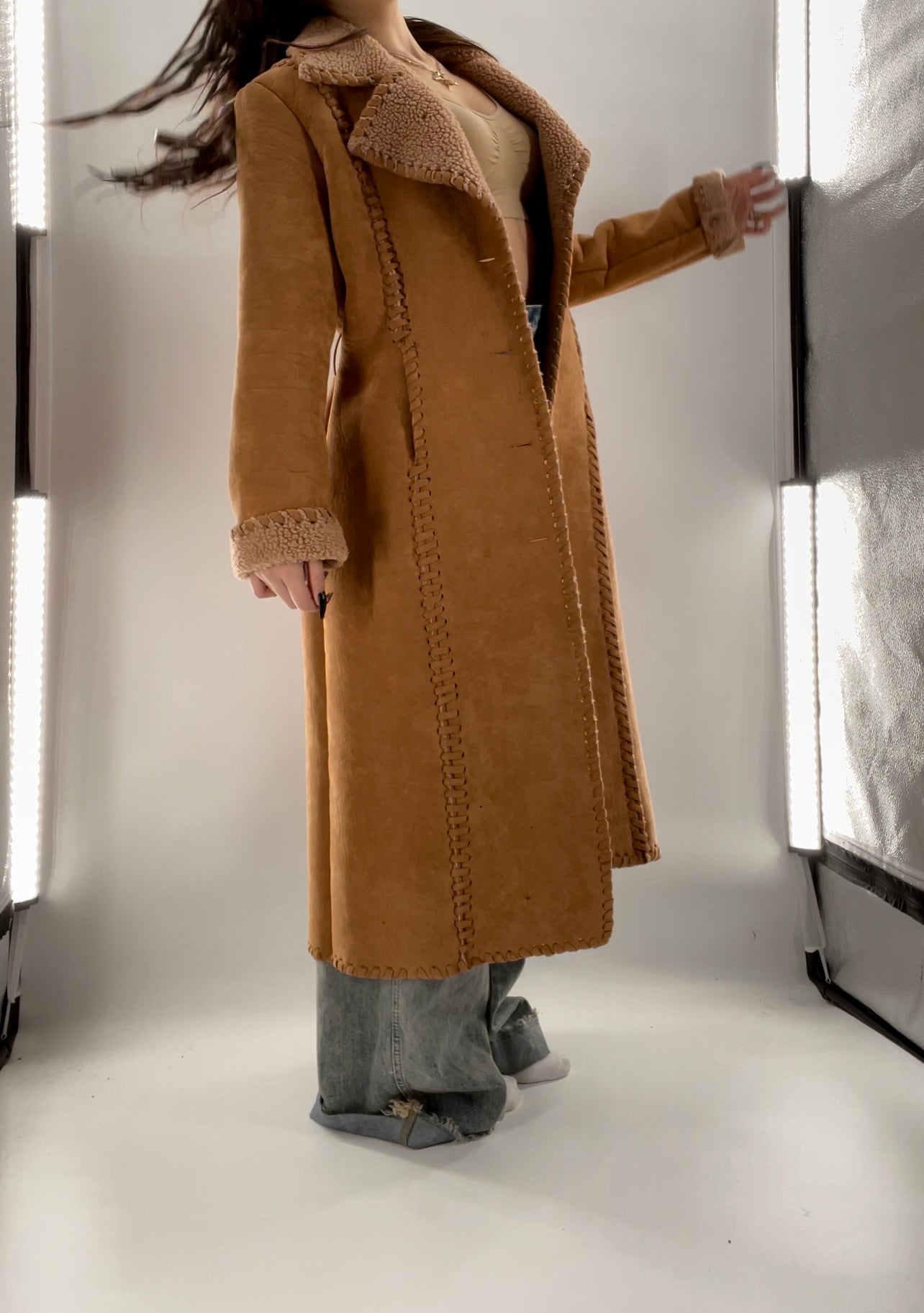 Vintage Lili Rose Light Brown Cognac Faux Suede Long Coat (Large)