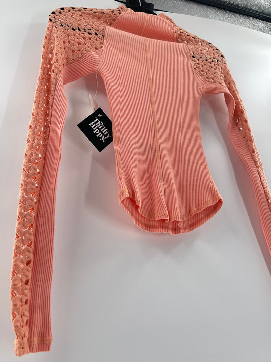 Free People Pink Ribbed Knit + Lace Mock Neck (XS)