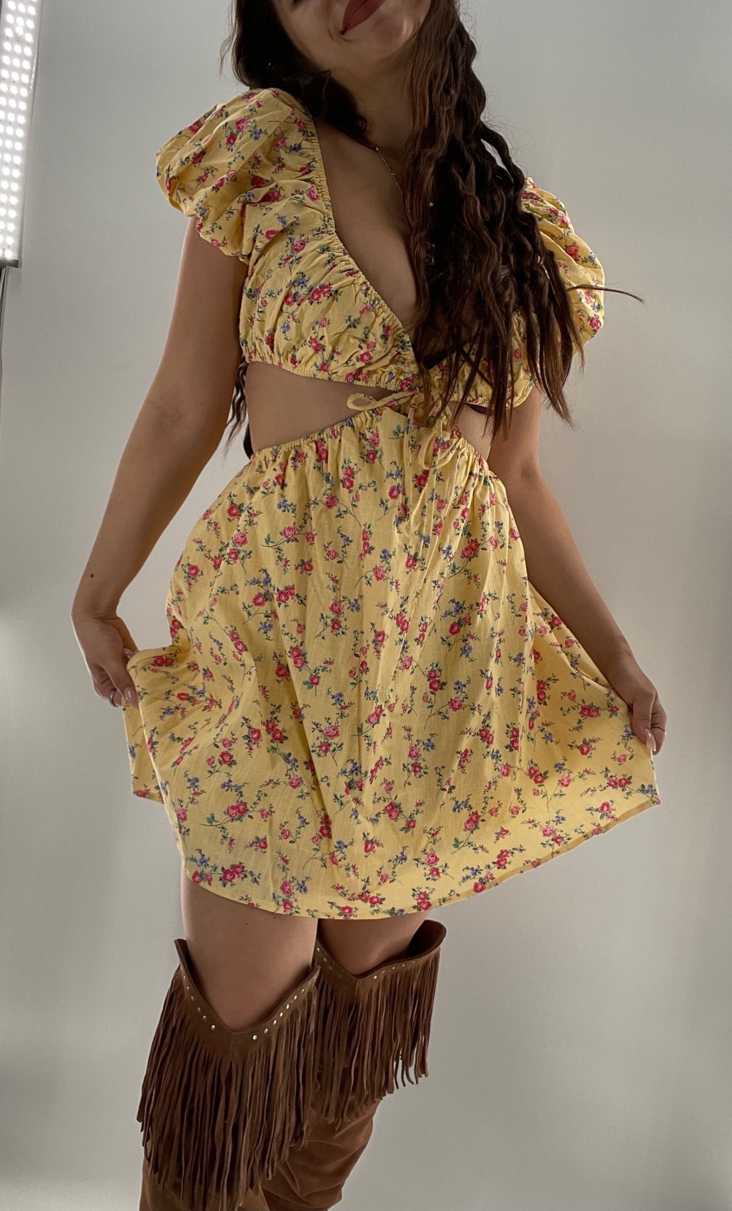 Yellow Cut Out Floral Dress (Small)