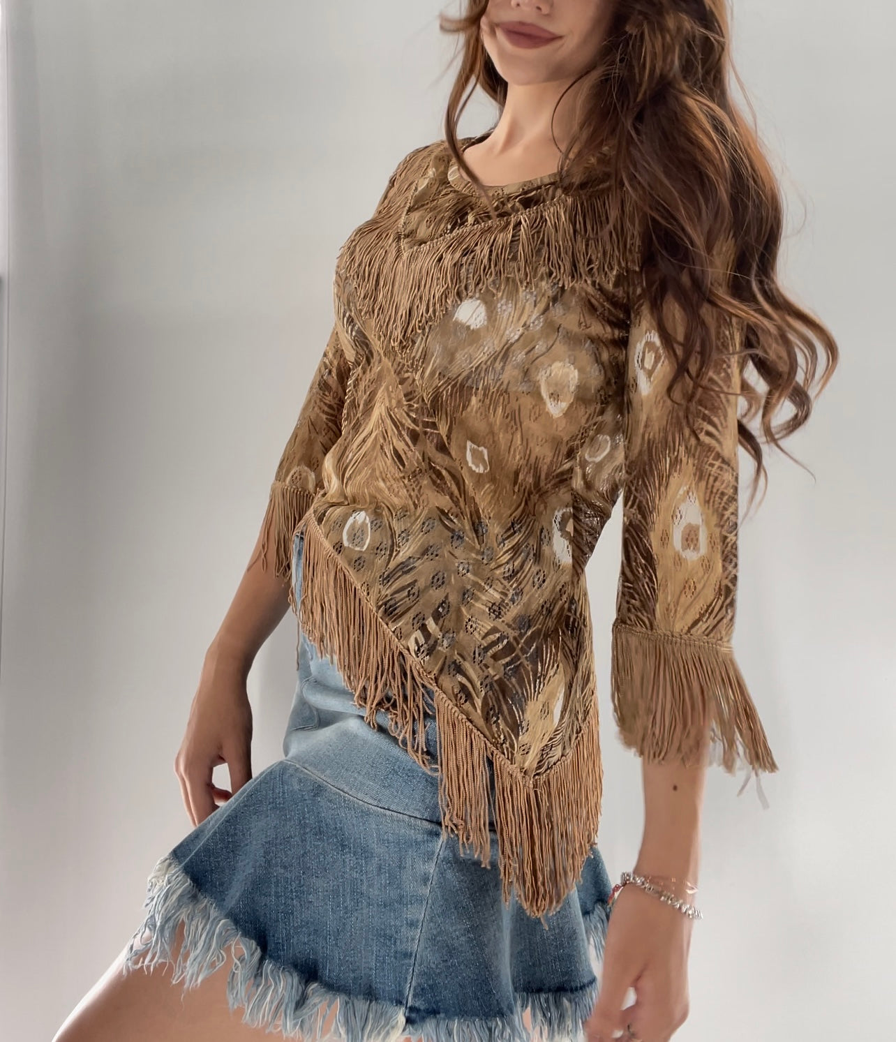 Vintage Tan Asymmetric Fringe Top (S)