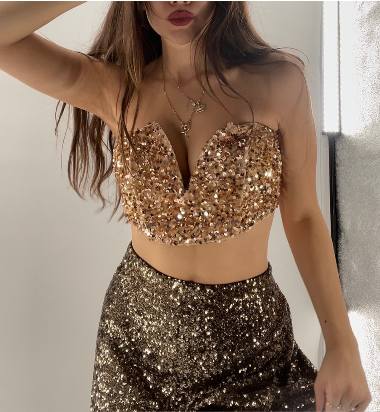 Urban Outfitters Gold Sequin Cropped Corset (Large)