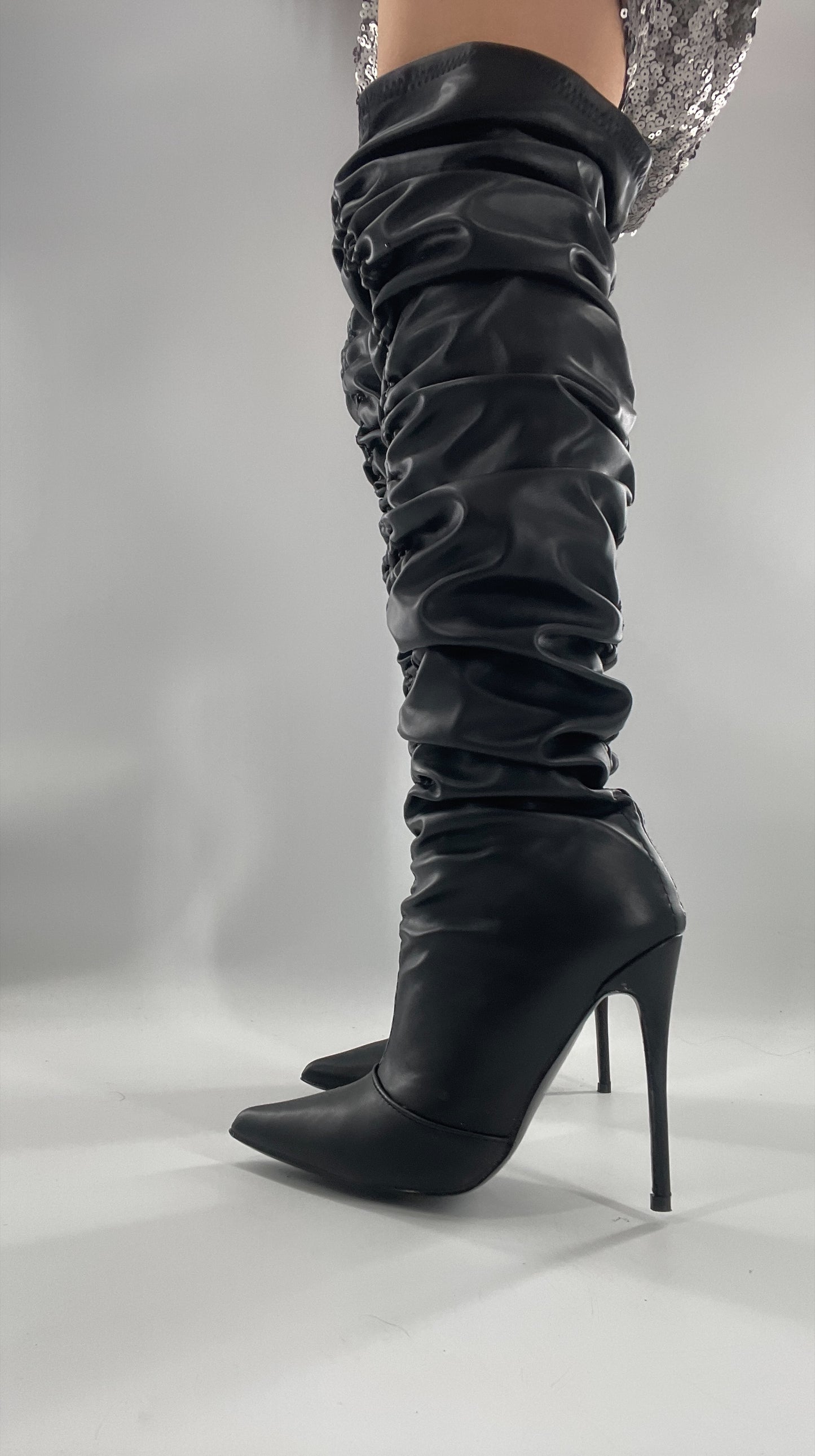 Unlabeled Black Vegan Leather Thigh High Scrunch Boots (8)