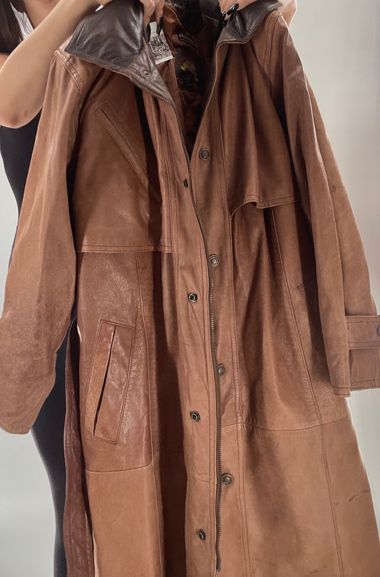 Adventure Bound By Wilsons Vintage Leather Trench Coat with Belt and Front Zipper and Removable Lining - Size M