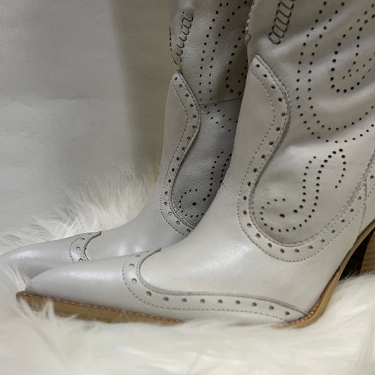 BCBG Laser Cut White Leather Boots