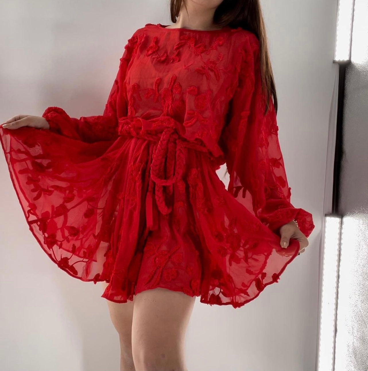 Mare Mare - Red Mesh Embroidered Flower Mini Dress