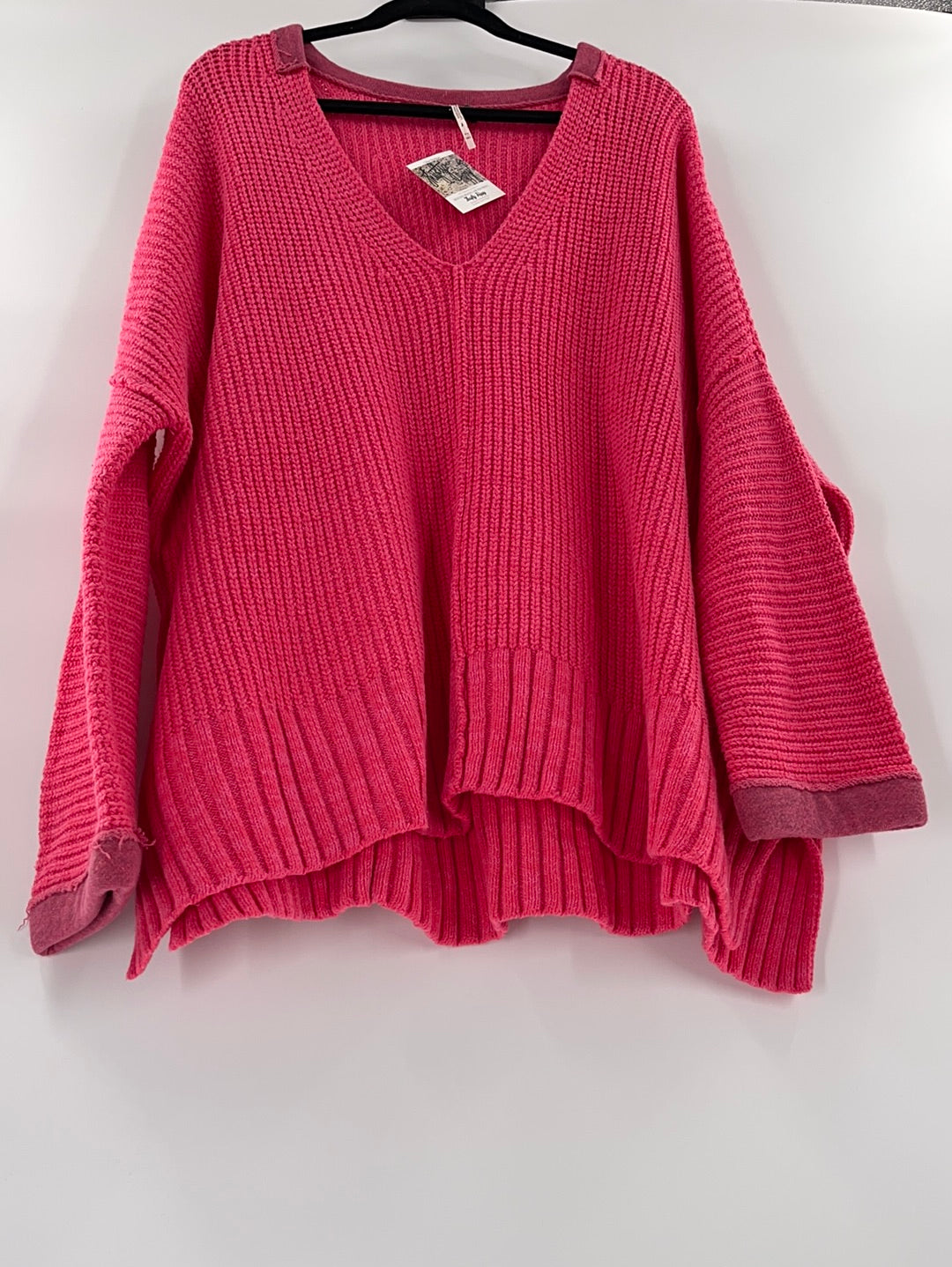 Free People Bright Pink Oversized Sweater V Neck Size Medium Large The Thrifty Hippy