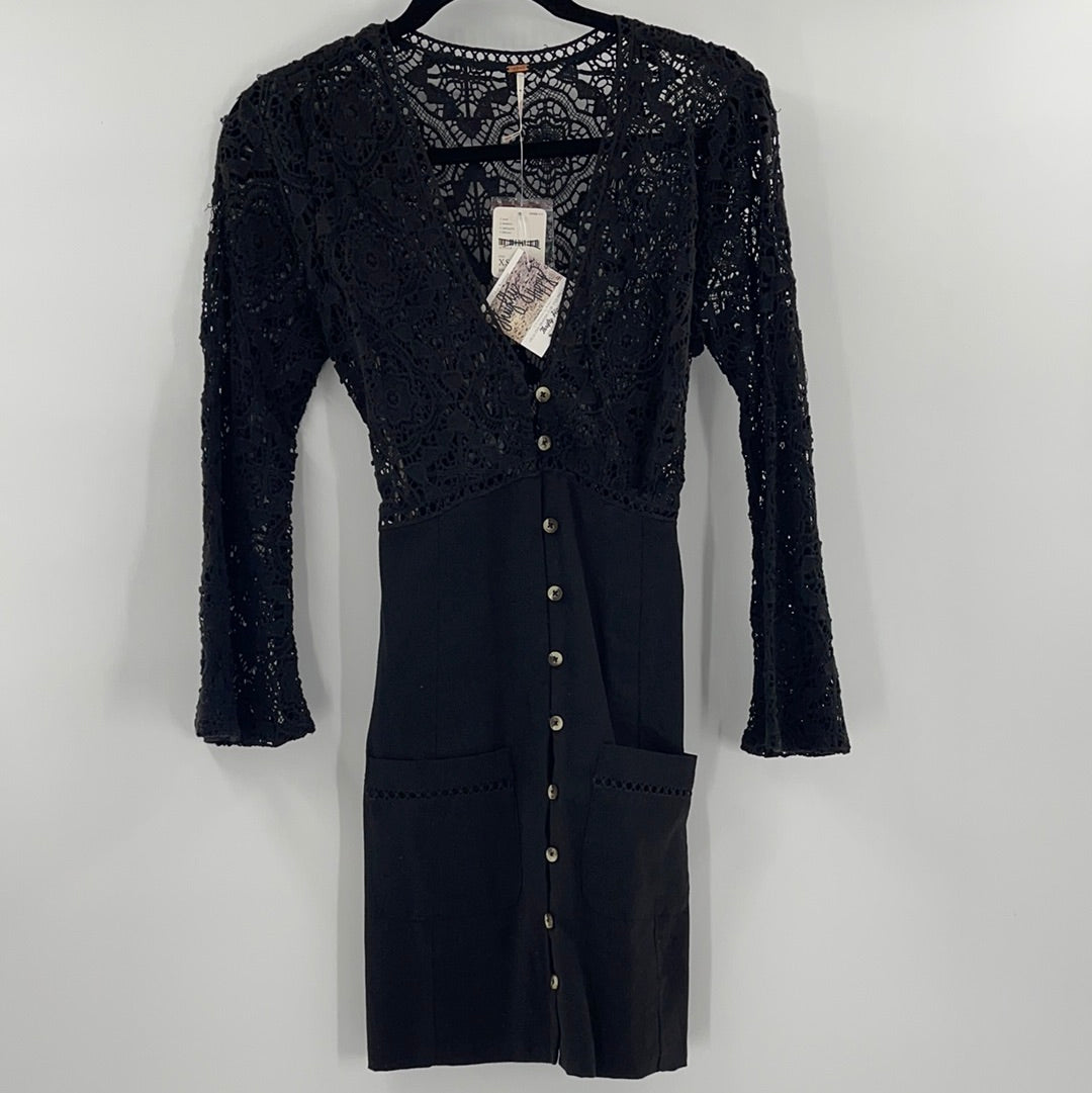 Free People Black Linen + Lace Dress (XS)