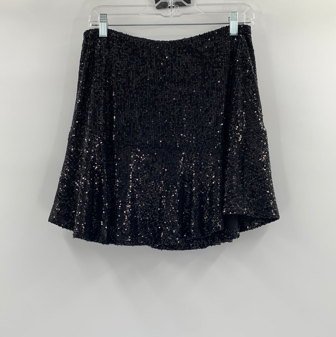 Free People Black Sequin Flare Mini Skirt (Size Medium)