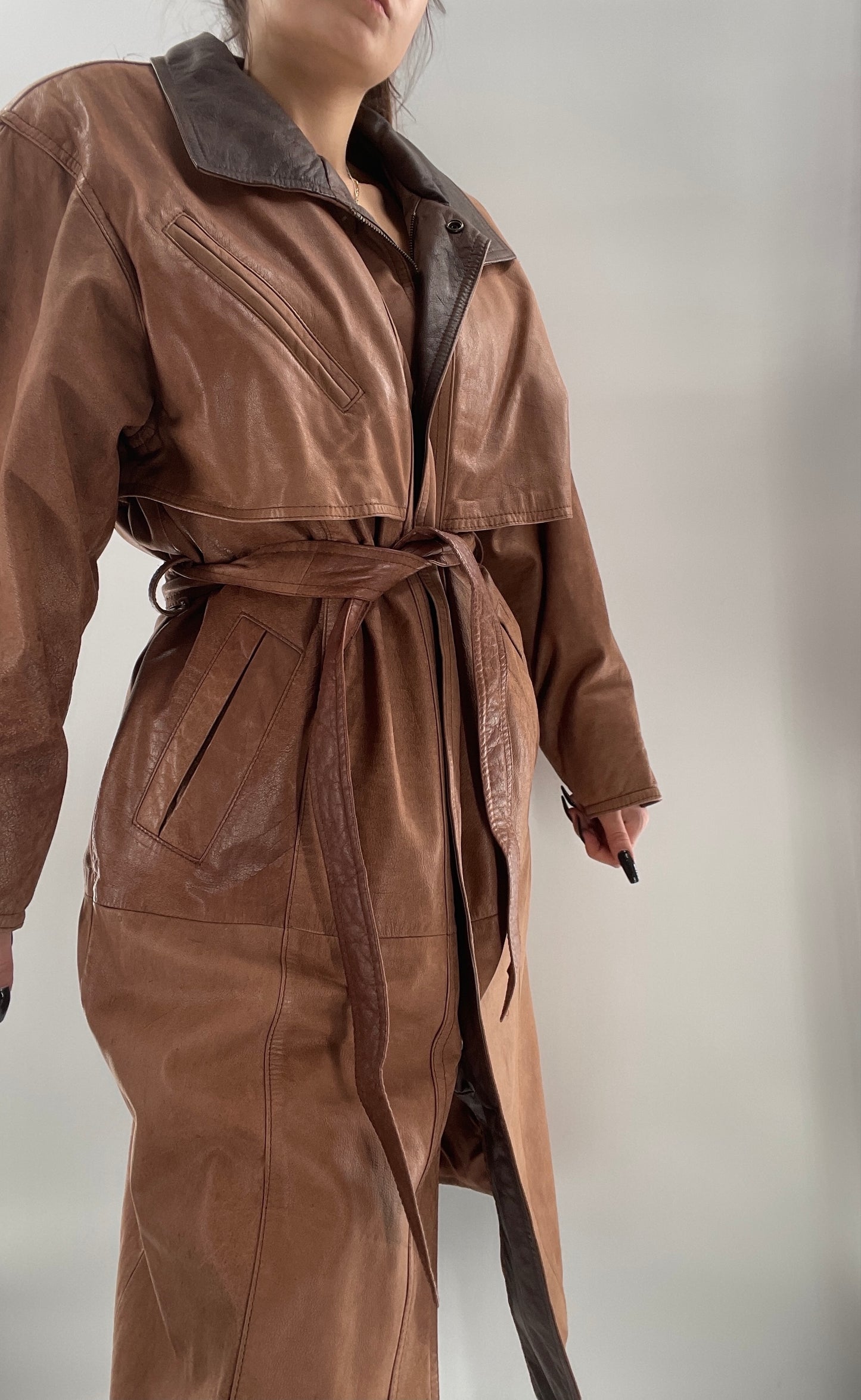 Adventure Bound By Wilsons Vintage Leather Trench Coat with Belt and Front Zipper and Removable Lining - Size M