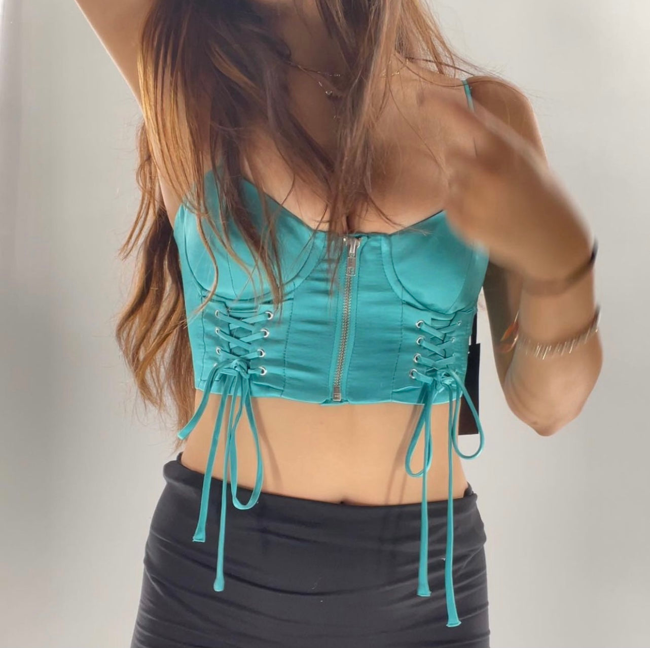 H:OURS Teal Satin Corset Top (XXS)