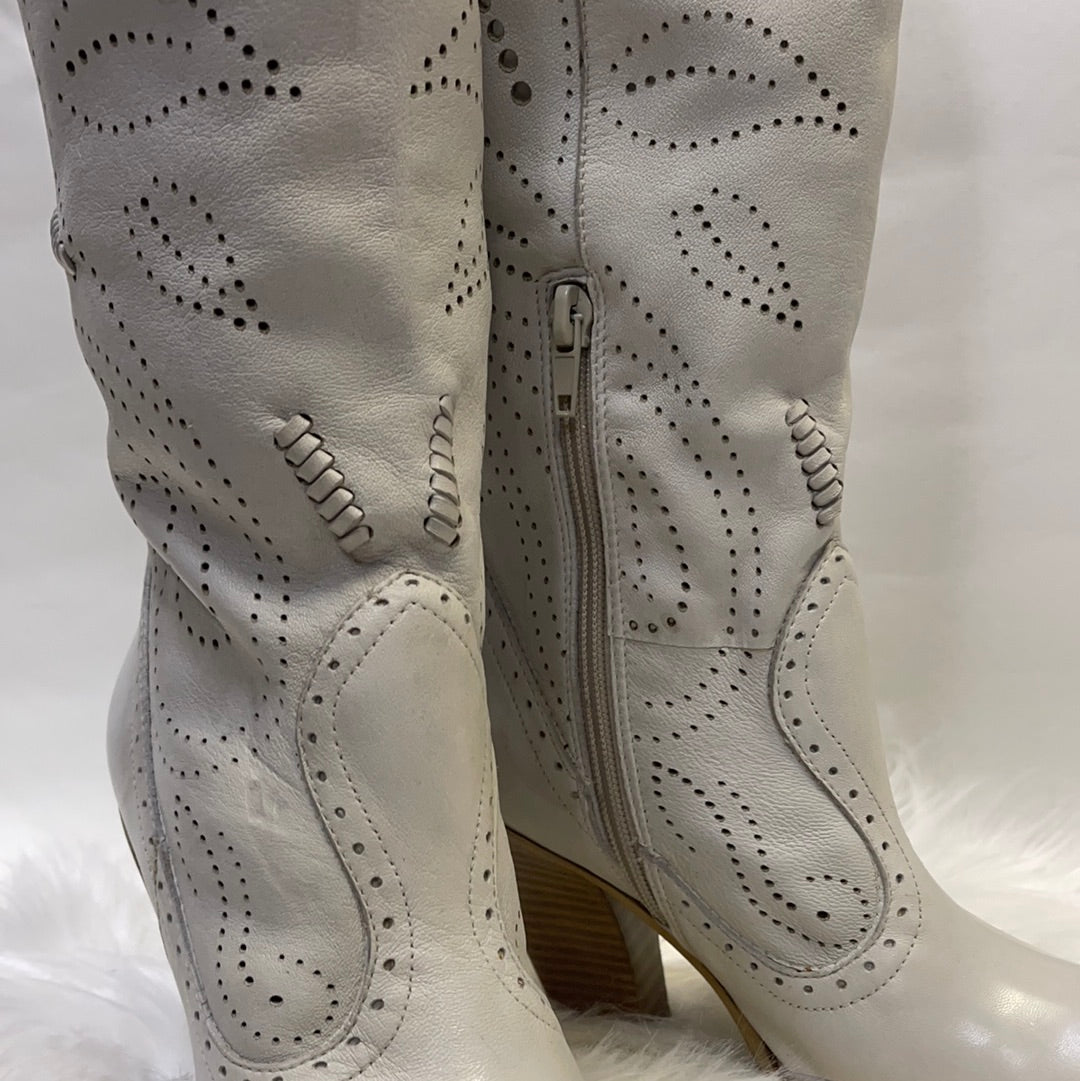 BCBG Laser Cut White Leather Boots