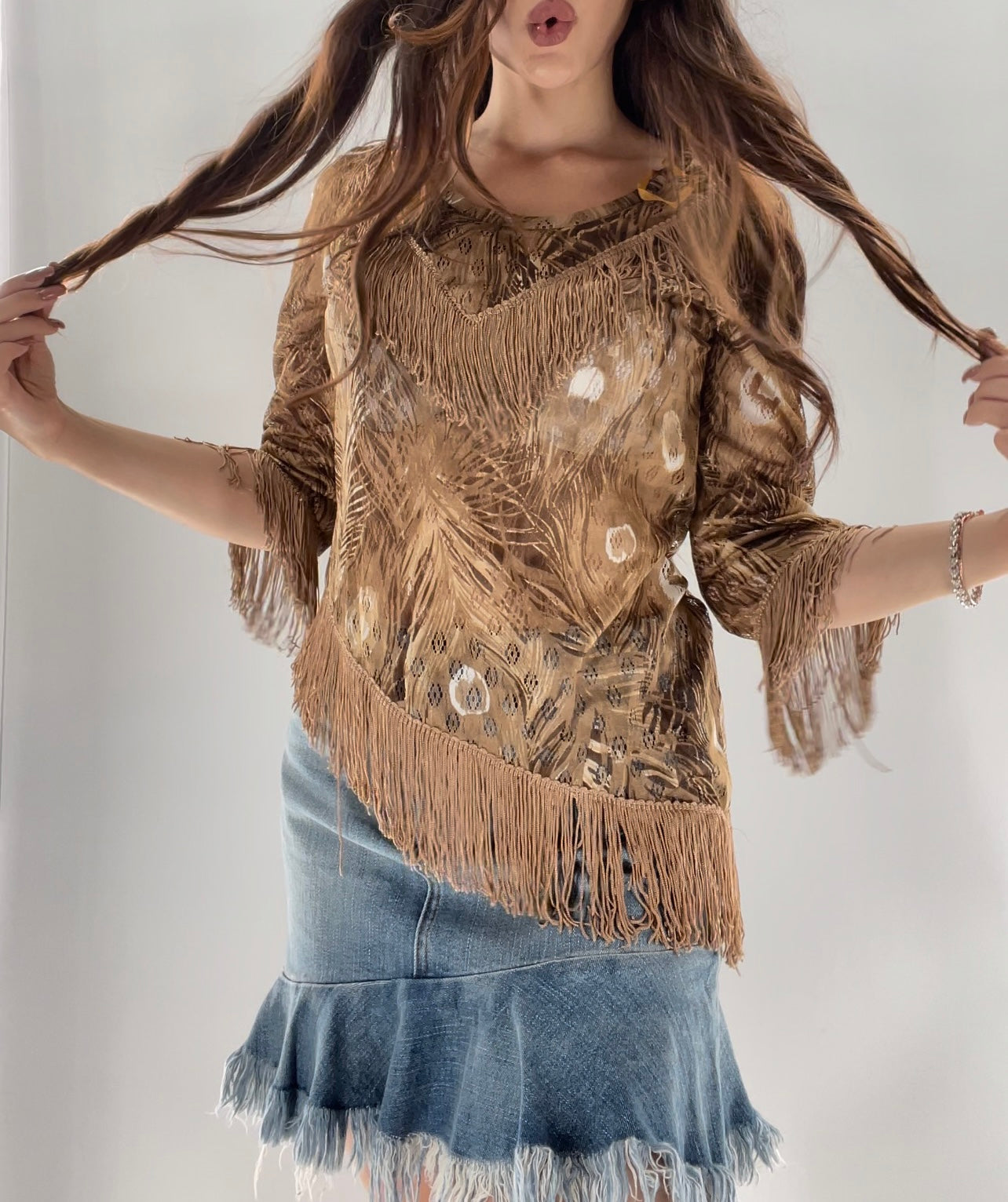 Vintage Tan Asymmetric Fringe Top (S)