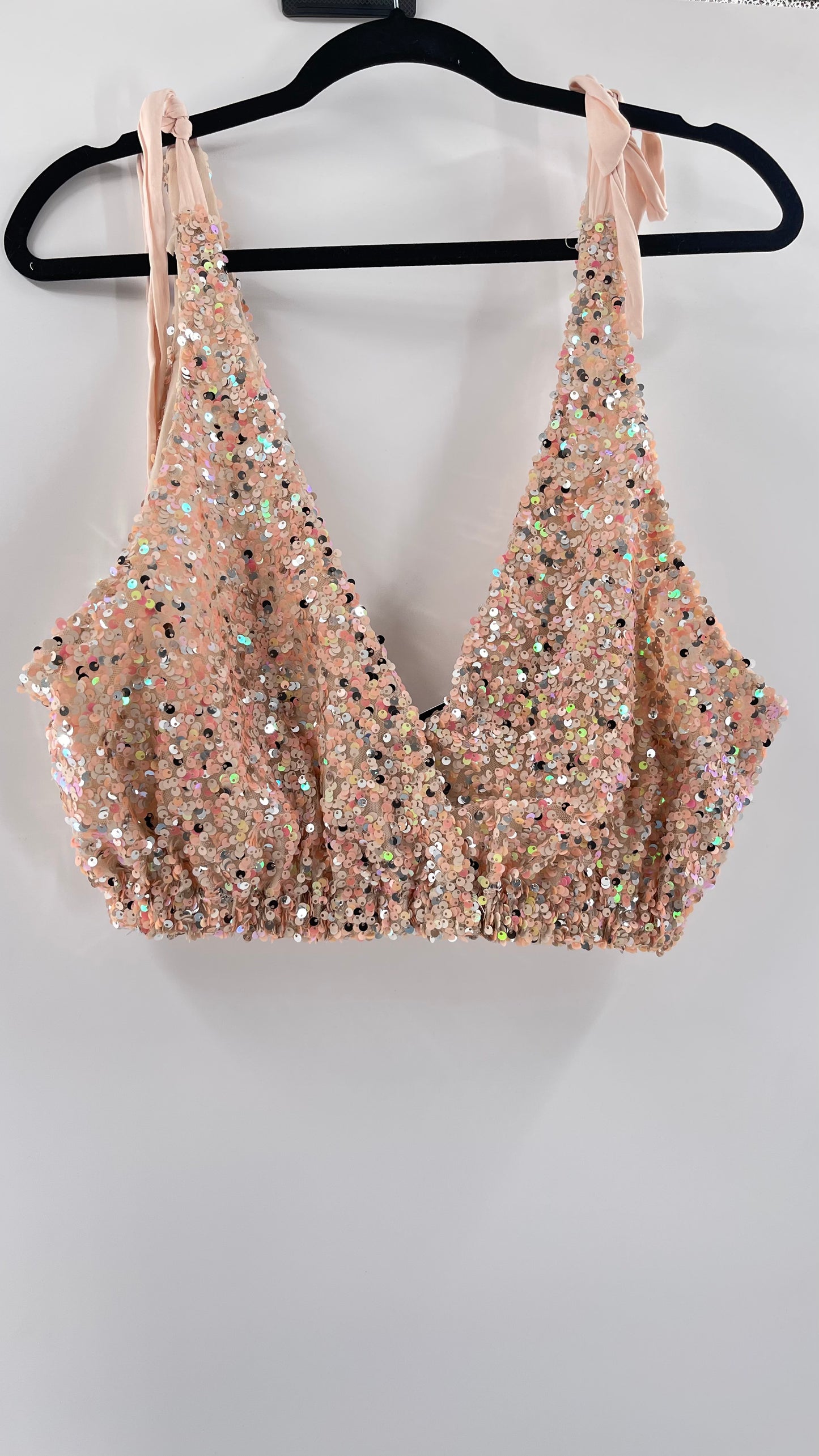 Intimately Free People Big Night Tie Shoulder Pink Sequin Crop (Medium)