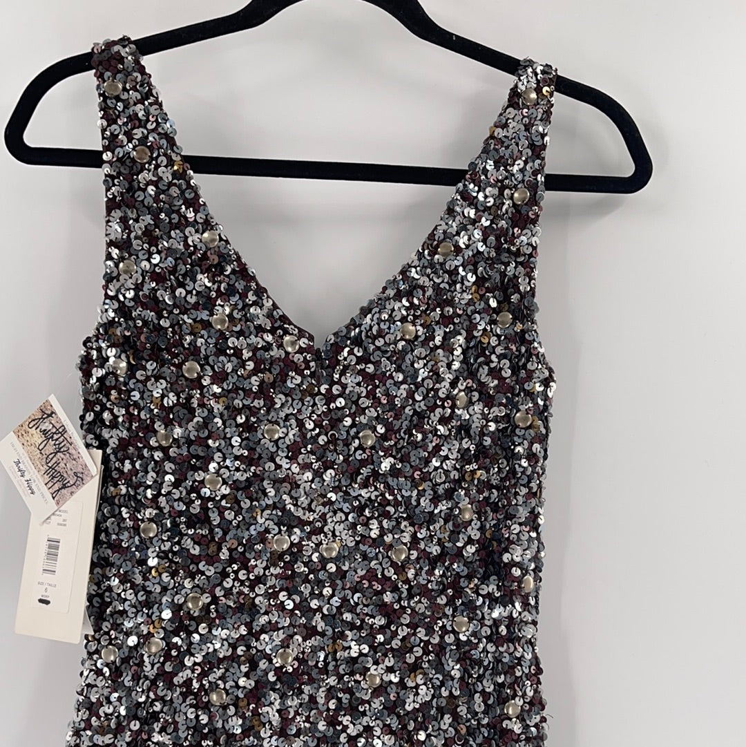 Theia (Vintage With Tag) Sequin and Beaded Mixed Metal Tones Sleeveless V Neck Midi Dress (Size 6)