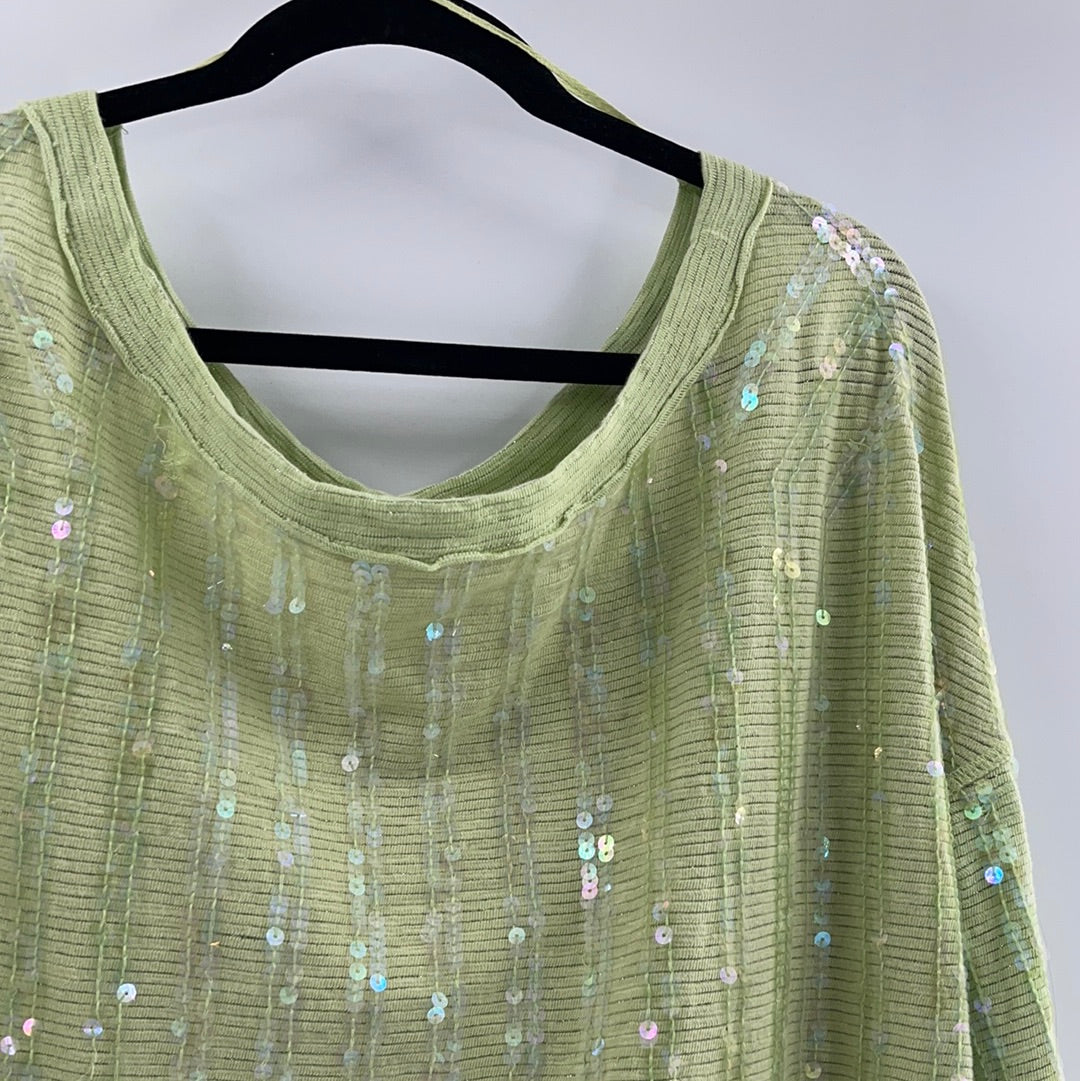 Free People Lime Green with Iridescent Sequin High Low Sweater (Size Small)