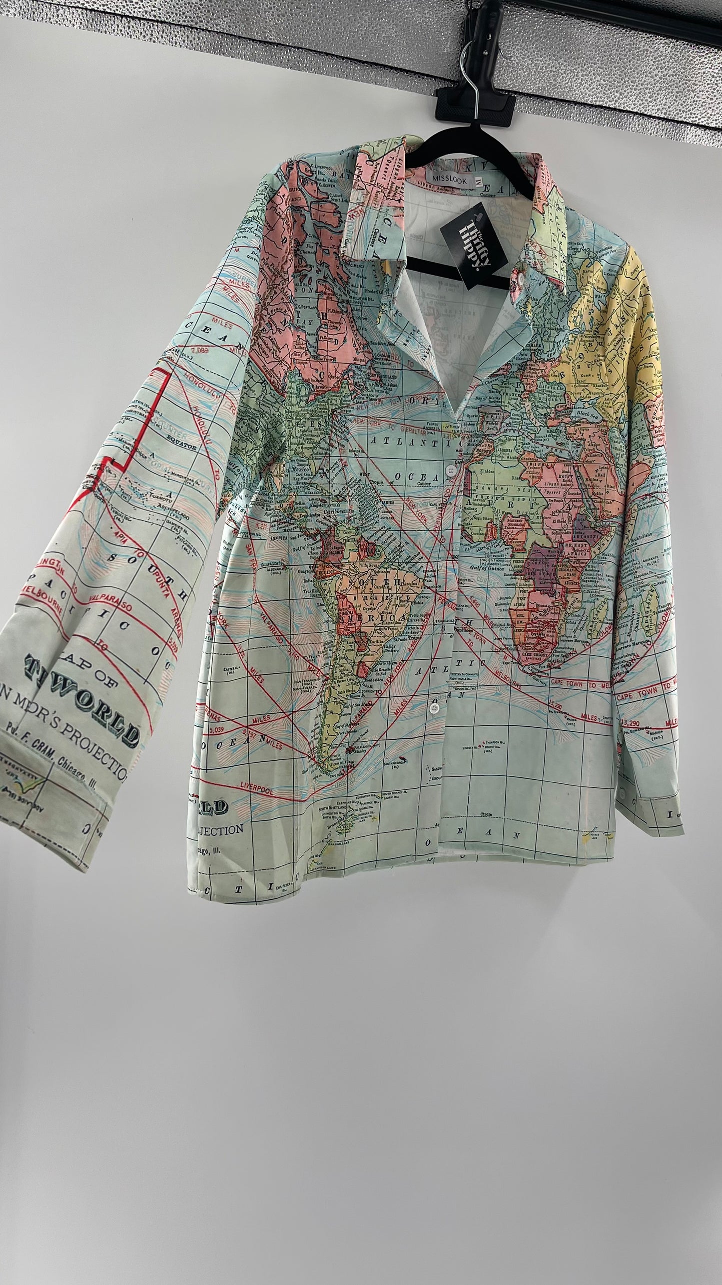 MISSLOOK Globe Map Long Sleeve Graphic Button Up (Medium)