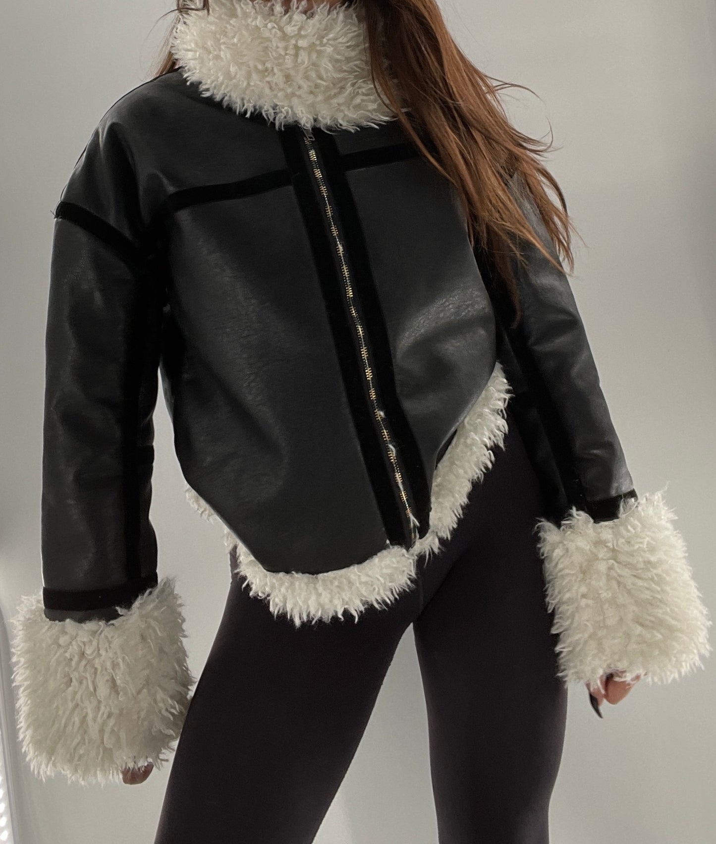 LIONESS Phoenix Jacket Black Faux Leather White Fur Trim (XS)