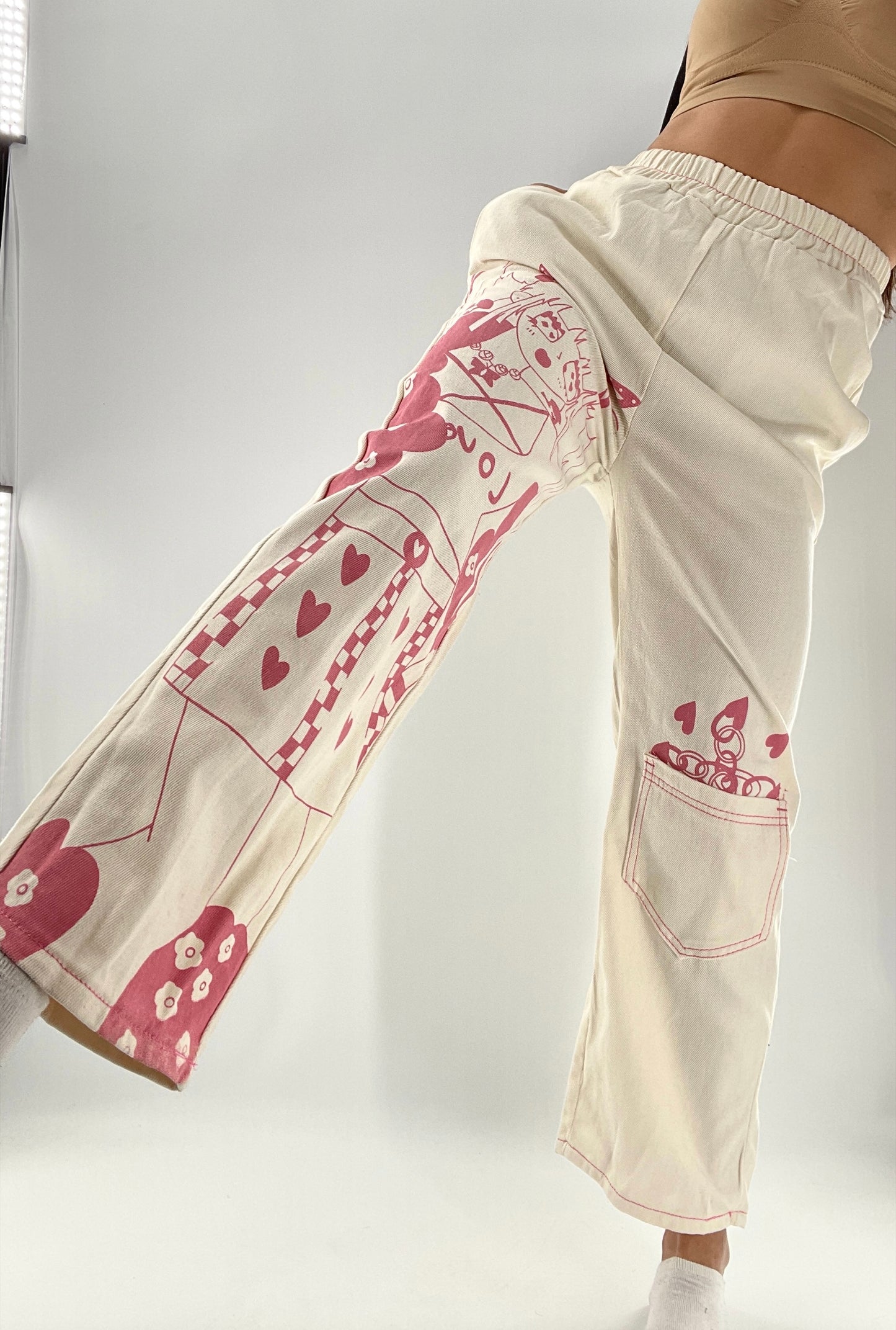 Beige Carpenter Pant with Pocket and Pink Anime Graphic (Medium)