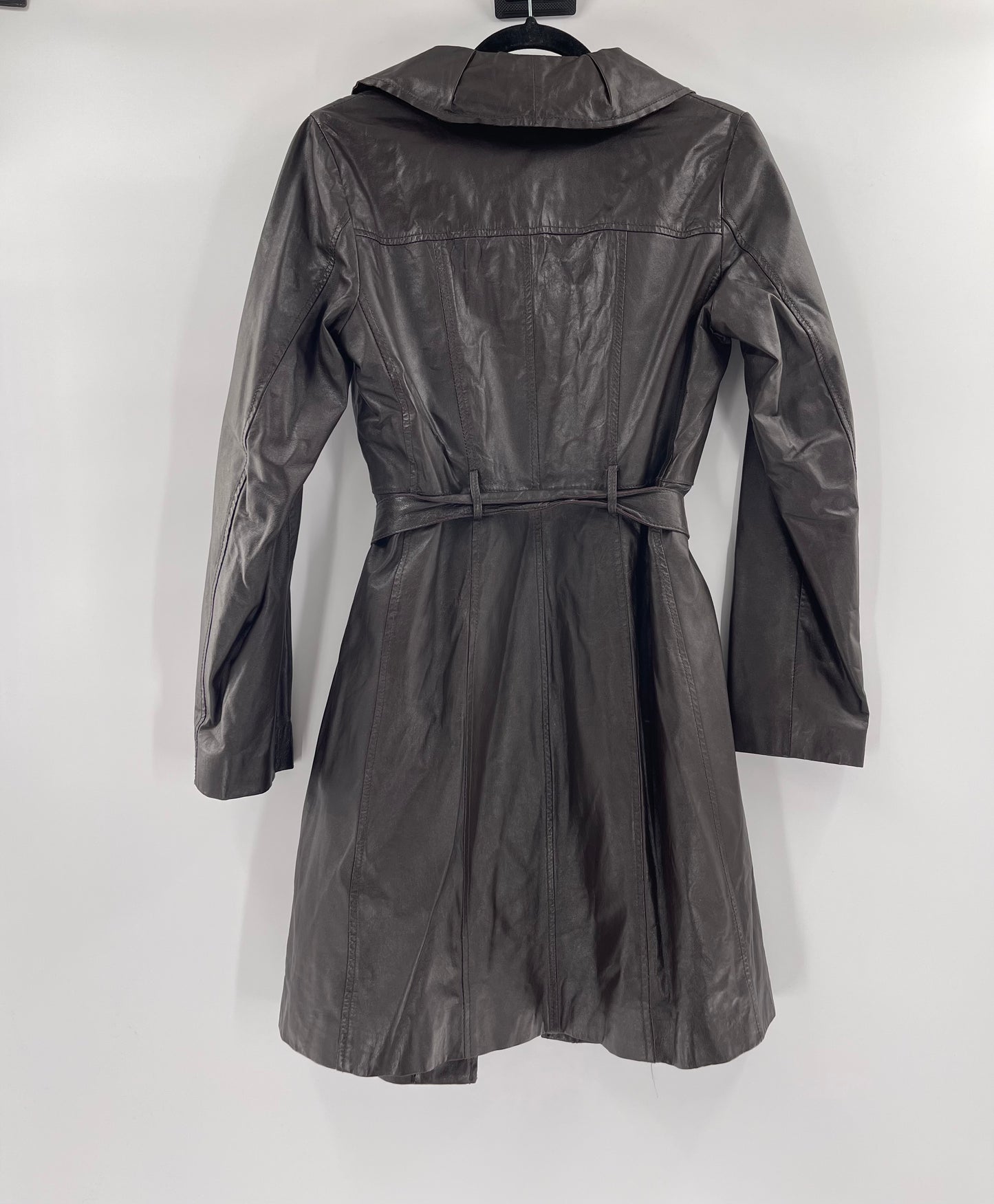 Tahari Dark Brown 100% Lamb Leather Trench Coat With Pleated Collar Front Zipper and Belt (Size Small)