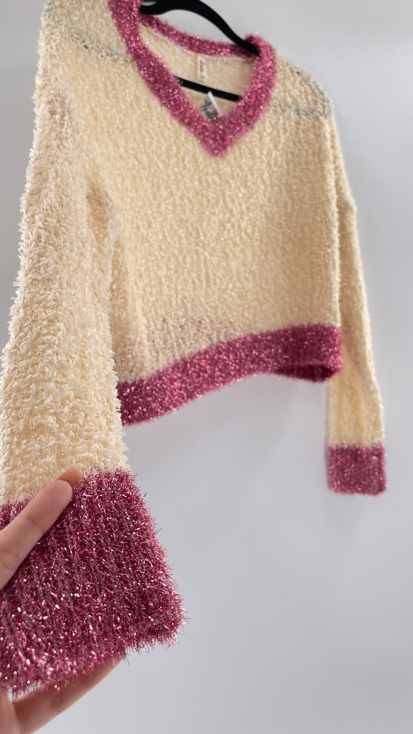 Anthropologie RAGA Cream and Fuchsia Tinsel Varsity Sweater (Large)