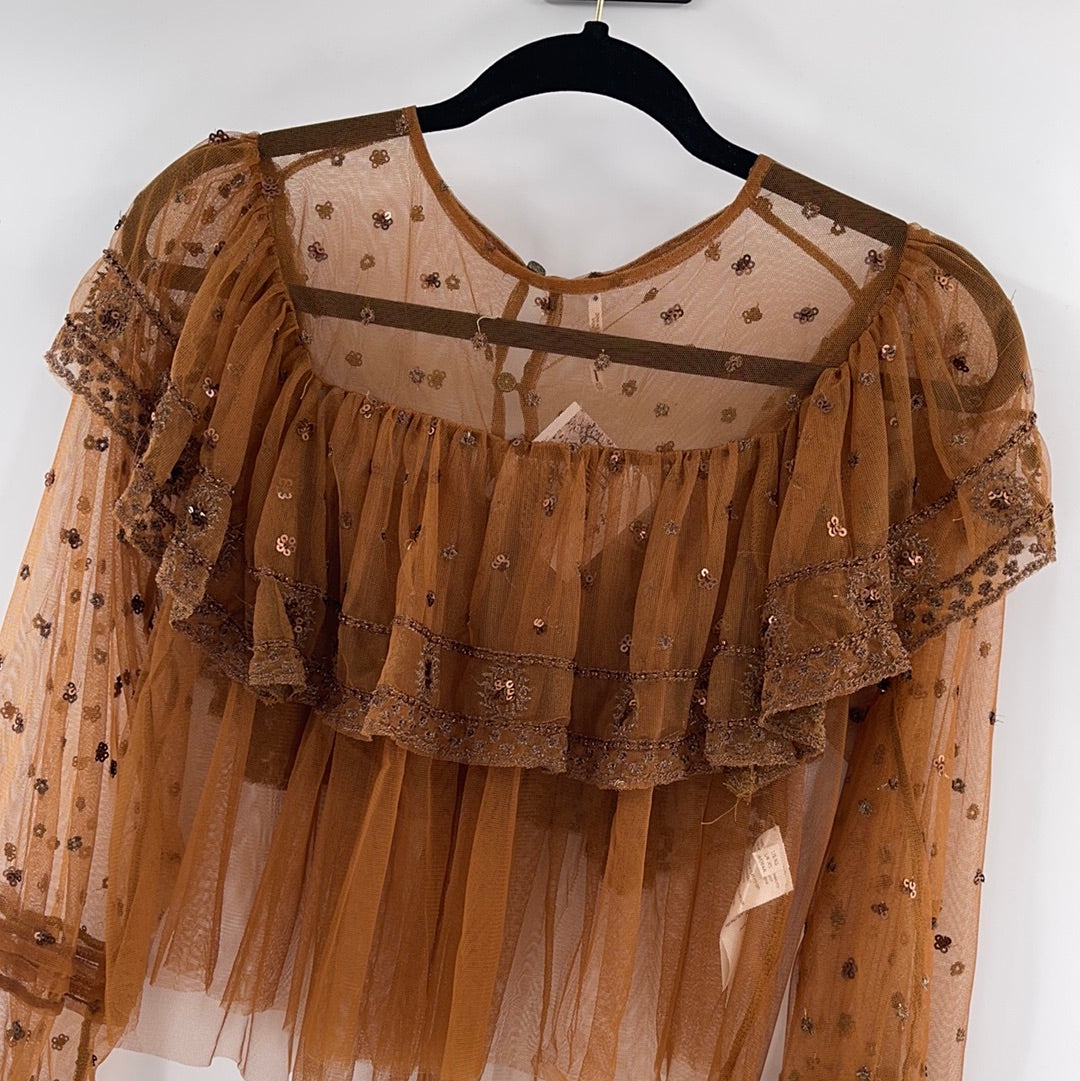 Free People Terracotta Embellished Mesh Top (XS)